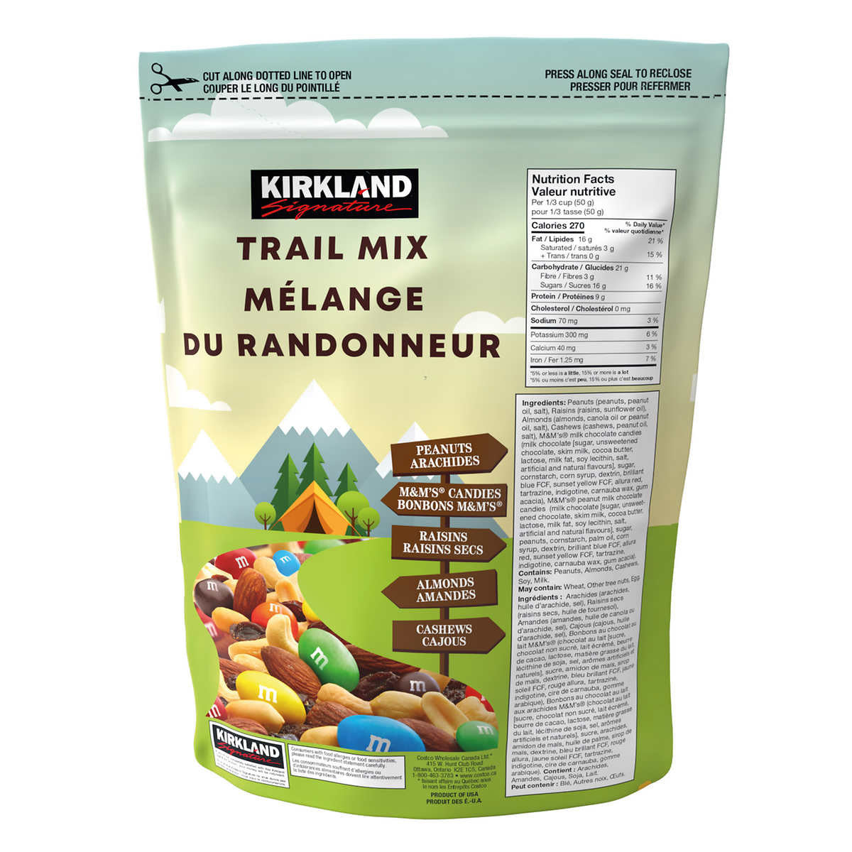 Kirkland Trail Mix with Nuts, M&M's & Raisins, 1.81/4 lbs Bag Backside