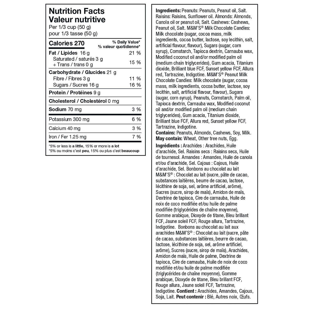 Kirkland Trail Mix with Nuts, M&M's & Raisins, 1.81/4 lbs Bag Nutrition Facts