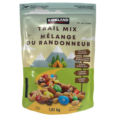 Kirkland Trail Mix with Nuts, M&M's & Raisins, 1.81/4 lbs Front Side
