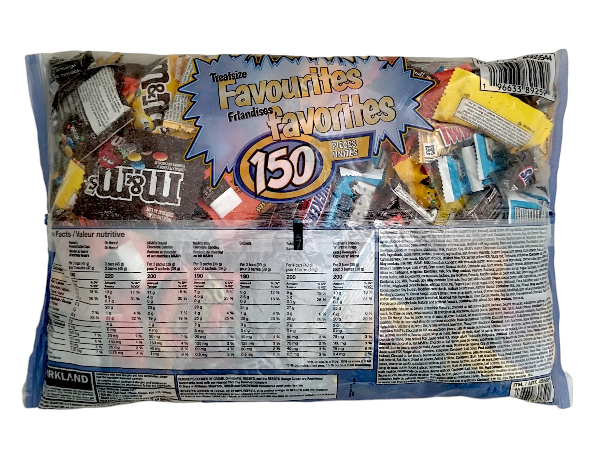 Kirkland Halloween Treatsize Favorites, Assorted Chocolate and Candy, Value Bag 150ct., 1.98kg/4.4 lbs., back of bag