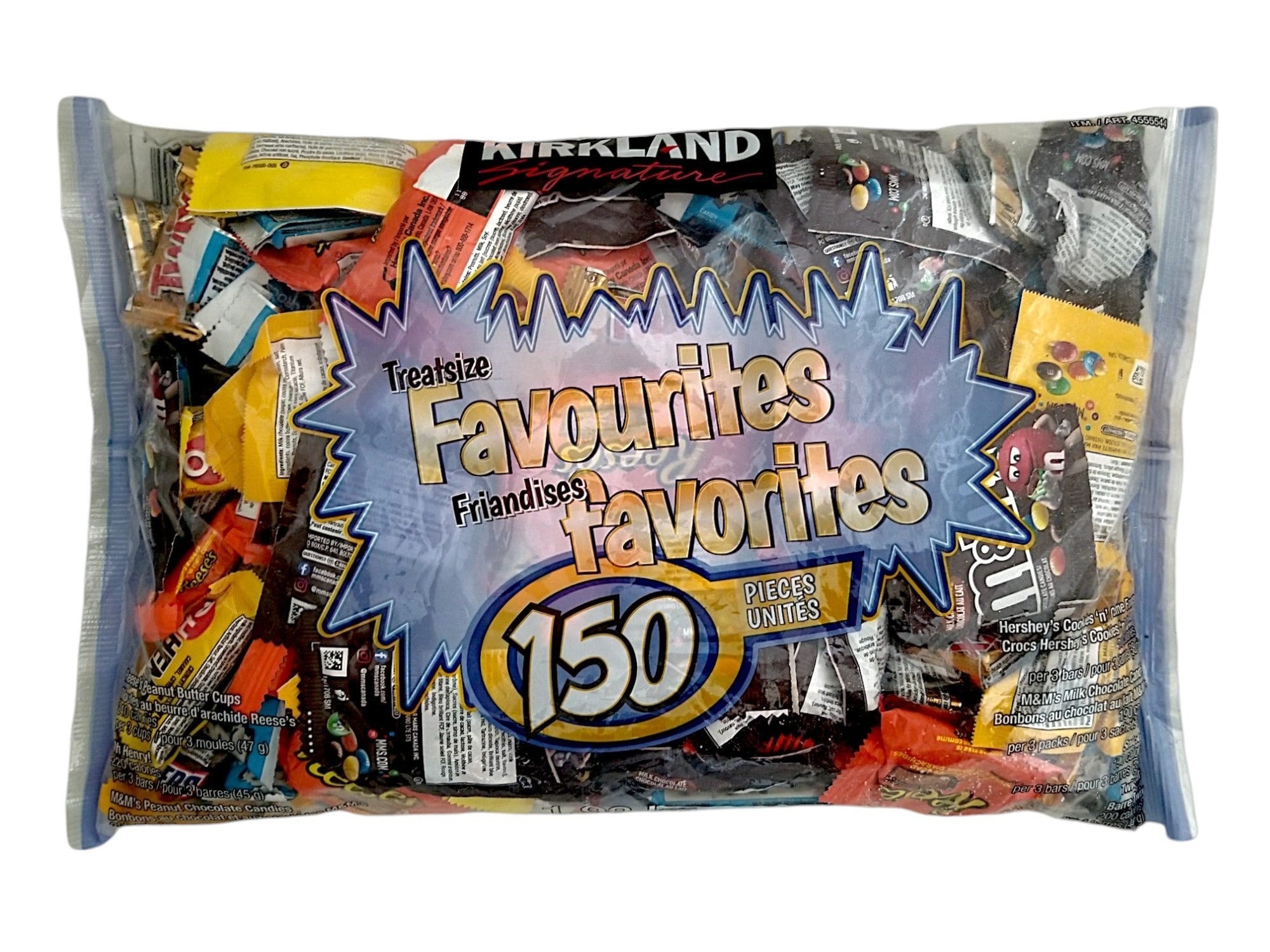 Kirkland Halloween Treatsize Favorites, Assorted Chocolate and Candy, Value Bag 150ct., 1.98kg/4.4 lbs., front of bag