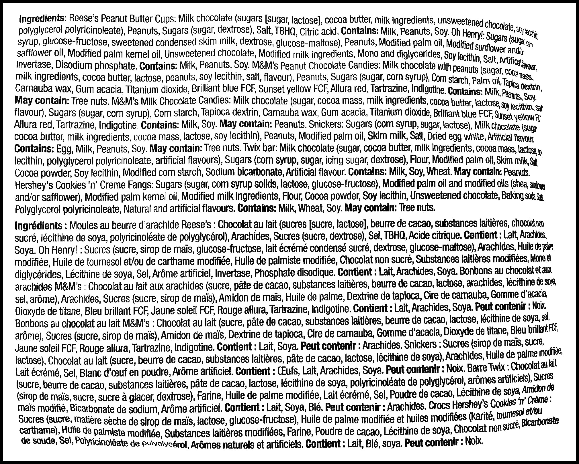 Kirkland Halloween Treatsize Favorites, Assorted Chocolate and Candy, Value Bag 150ct., 1.98kg/4.4 lbs., ingredients label