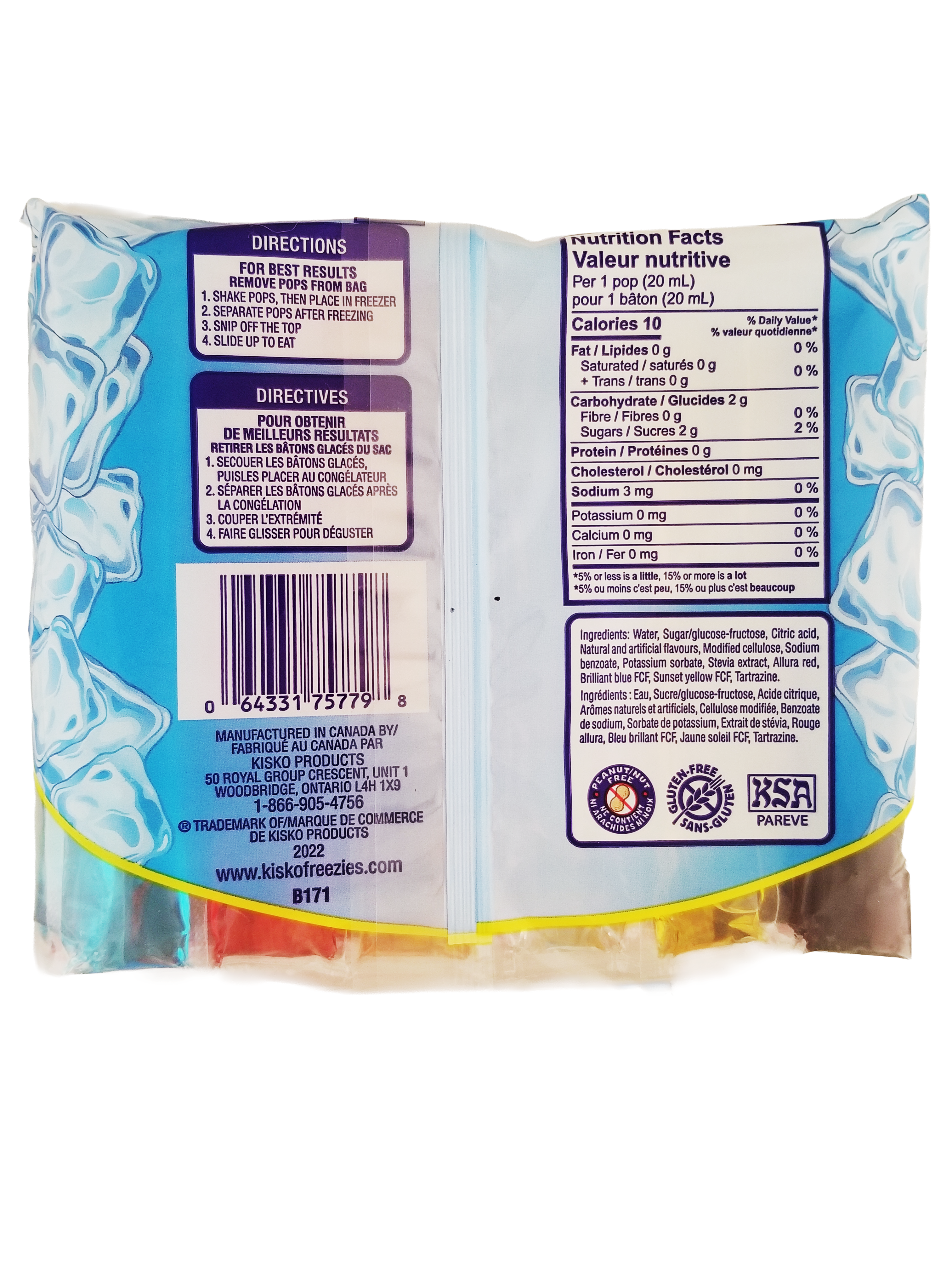 Back of Kisko Kids Freezies, 6 Flavors, 18 x 20ml, 360ml/12.6 fl oz with cartoon characters and flavor options on a white background showing nutritional information and directions.