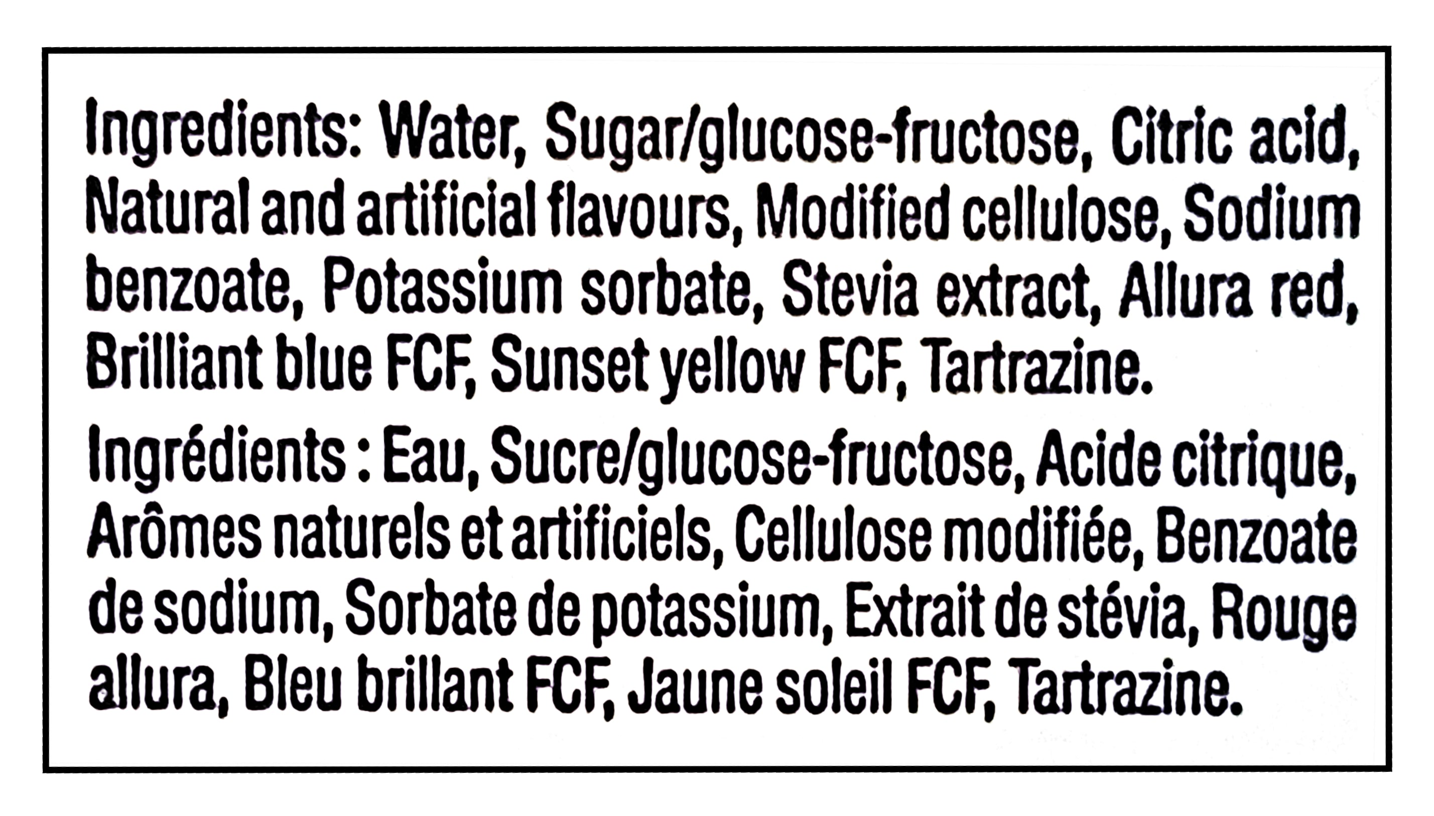 List of ingredients for Kisko Kids Freezies, 6 Flavors, 18 x 20ml, 360ml/12.6 fl oz on a black background