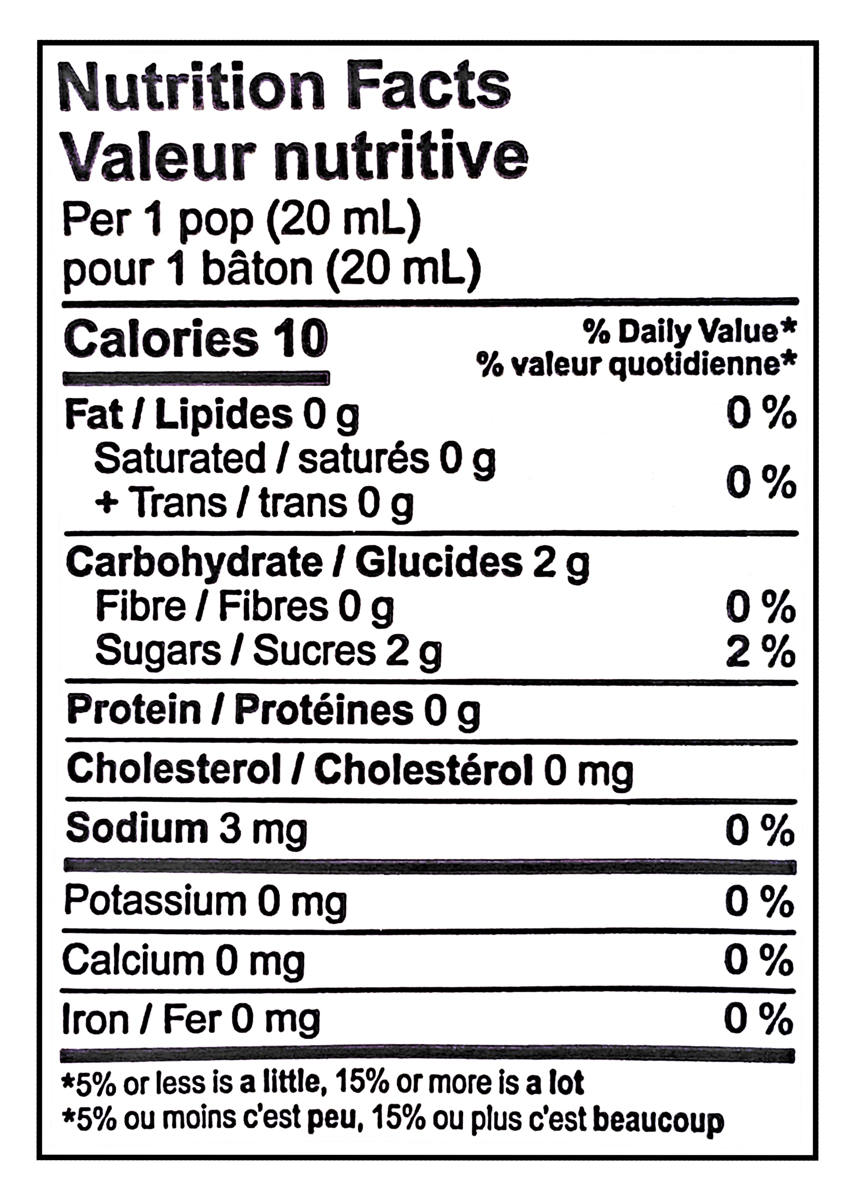 Nutrition facts label for Kisko Kids Freezies, 6 Flavors, 18 x 20ml, 360ml/12.6 fl oz with 10 calories per 20 mL serving.