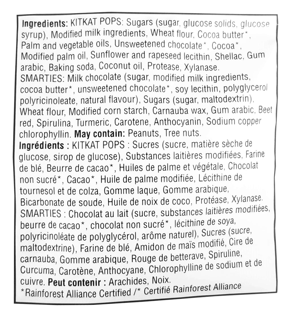 Kitkat Smarties Pops Pouch ingredients