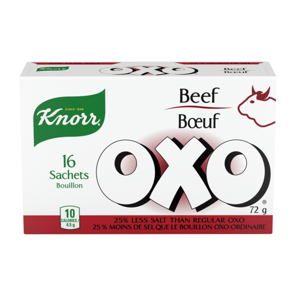Knorr OXO Beef Bouillon Powder, 25% Less Salt, 16 sachets, 72g/2.5 oz. Box