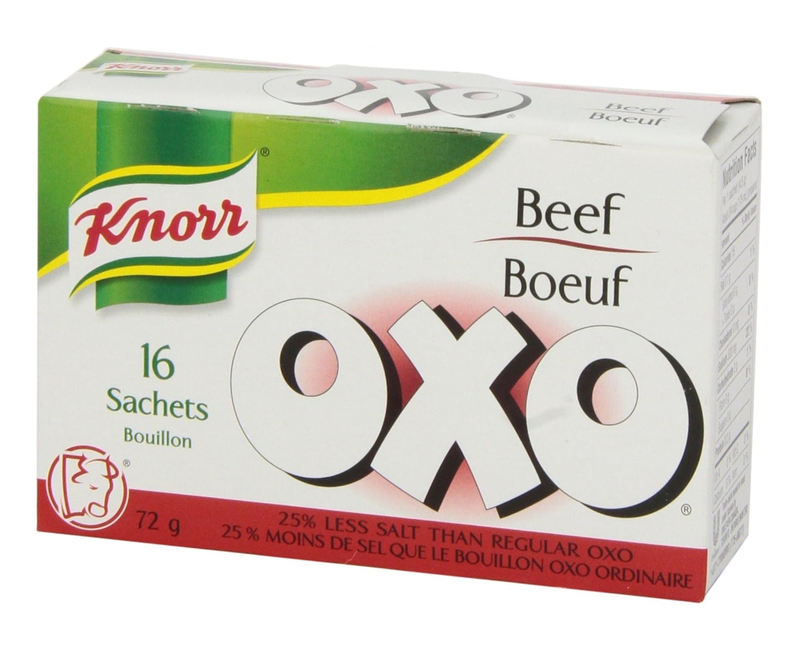 Knorr OXO Beef Bouillon Powder, 25% Less Salt, 16 sachets, 72g/2.5 oz. Box