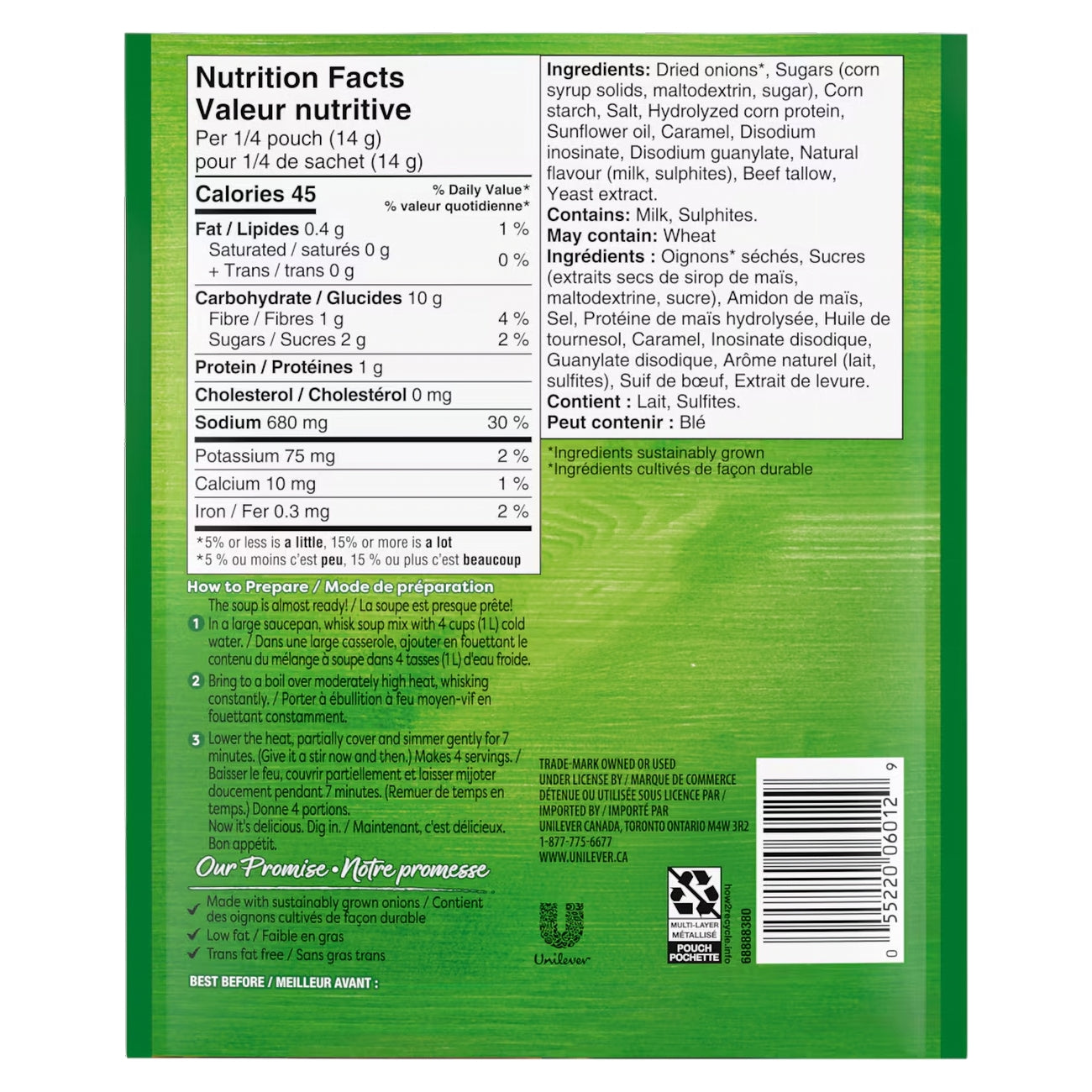 Back of Knorr Onion Soup Mix, 55g/2 oz., Pouch