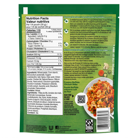 Knorr Sidekicks Buffalo Chicken Pasta 121g back of package — Canadian pasta side dish ships to US