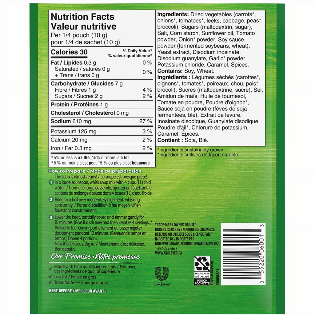 Back of Knorr Vegetable Soup Mix, 40g/1.4 oz., Pouch