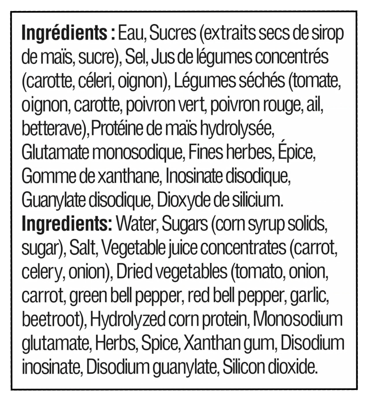 Knorr Bovril Vegetable Concentrated Liquid Stock – 250ml / 8.45 fl.oz - Ingredients Label