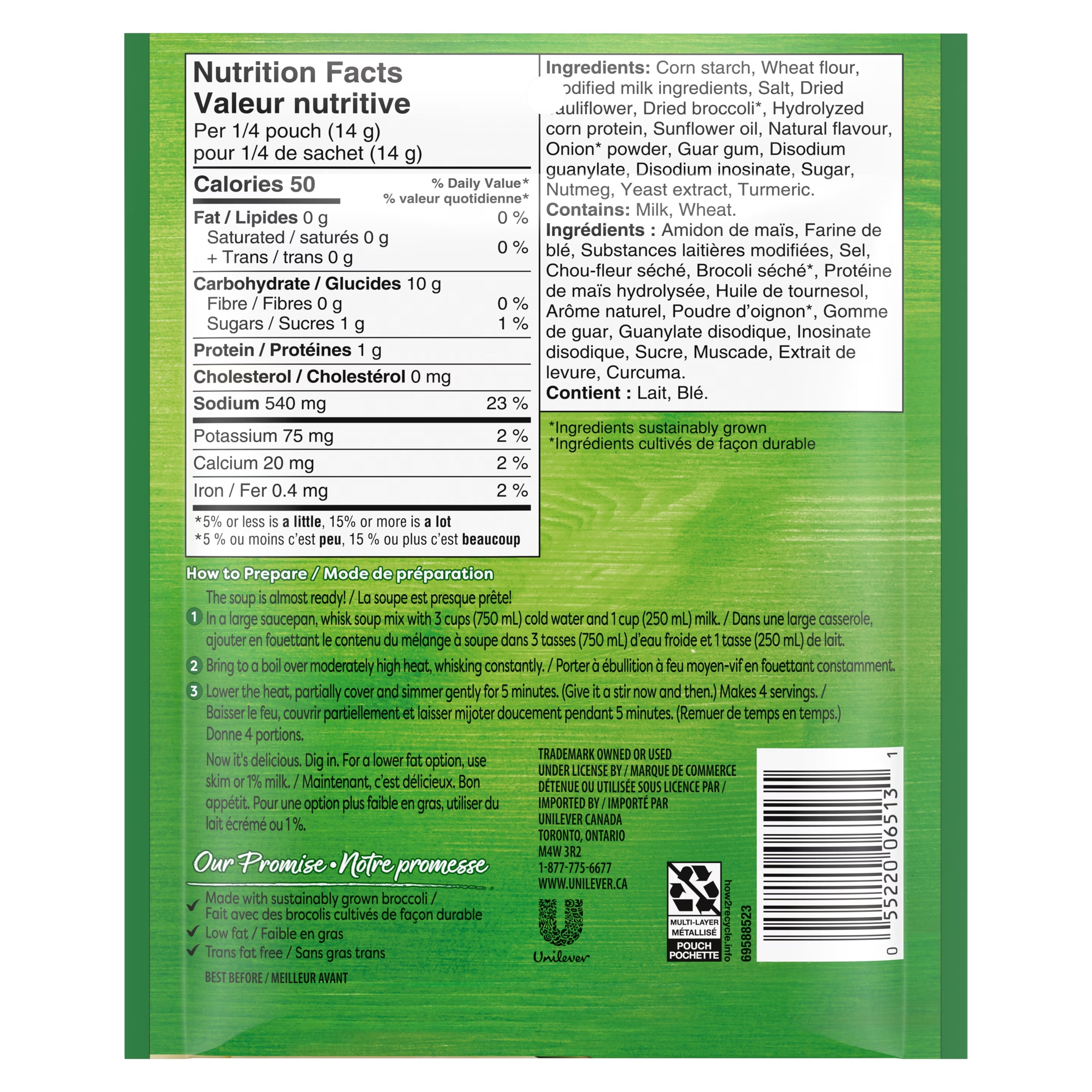 Back of Knorr Cream Of Broccoli Soup Mix, 52g/1.8 oz., Pouch