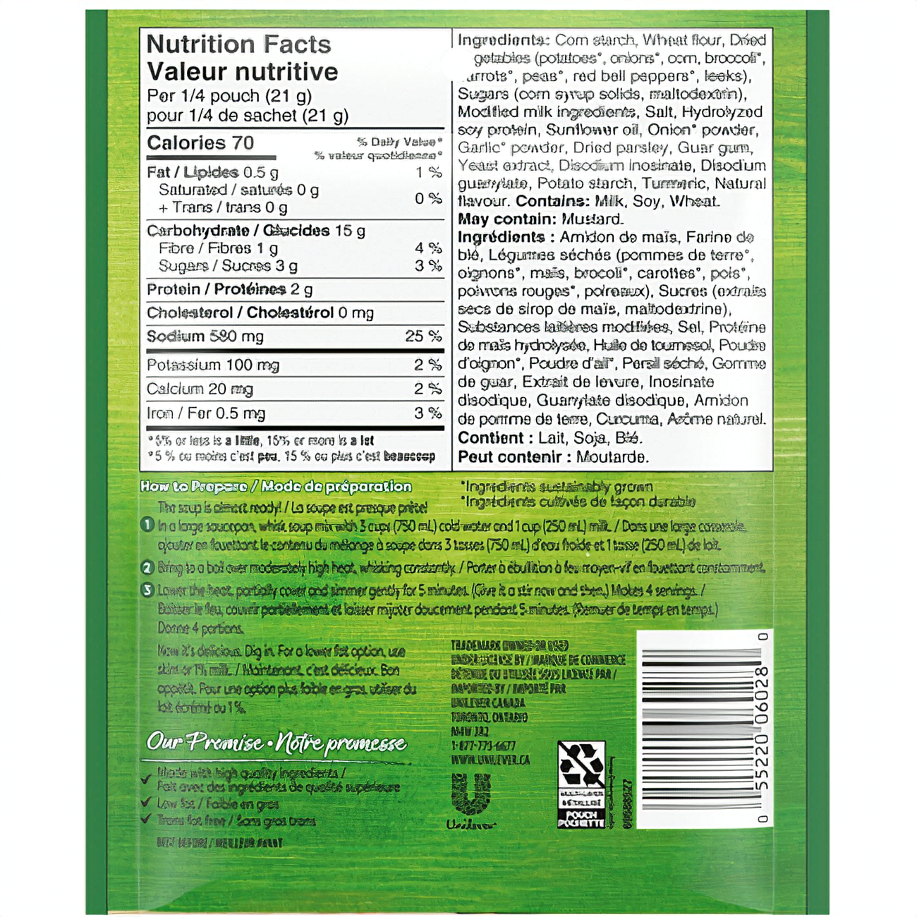 Back of Knorr Cream Of Vegetable Soup Mix, 83g/2.9 oz., Pouch