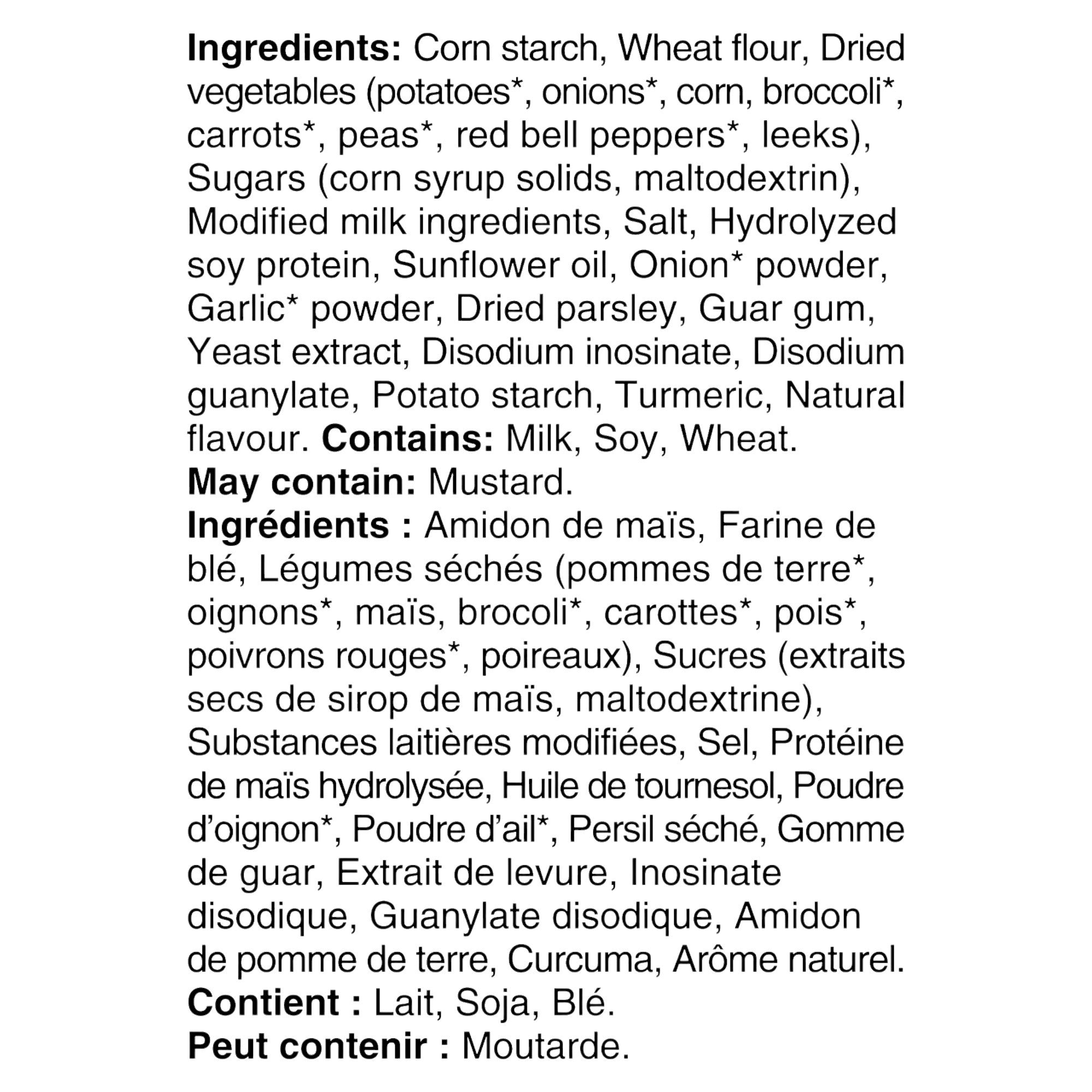 Ingredients label of Knorr Cream Of Vegetable Soup Mix, 83g/2.9 oz., Pouch