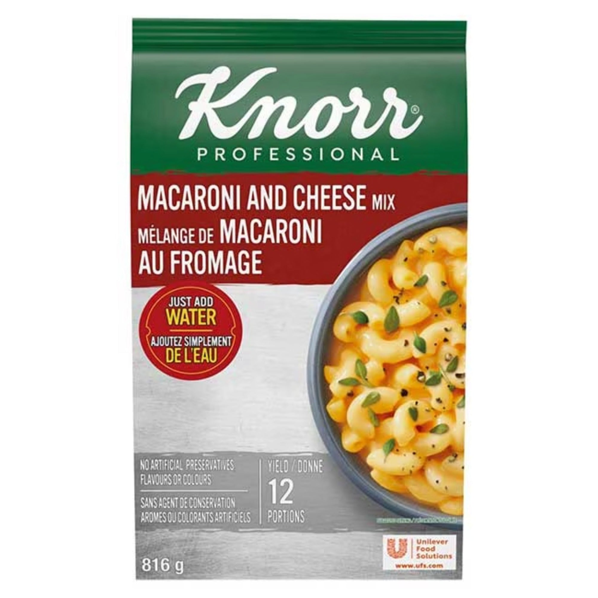 Knorr Professional Macaroni and Cheese Mix 816 g bag with just-add-water directions and 12-portion yield
