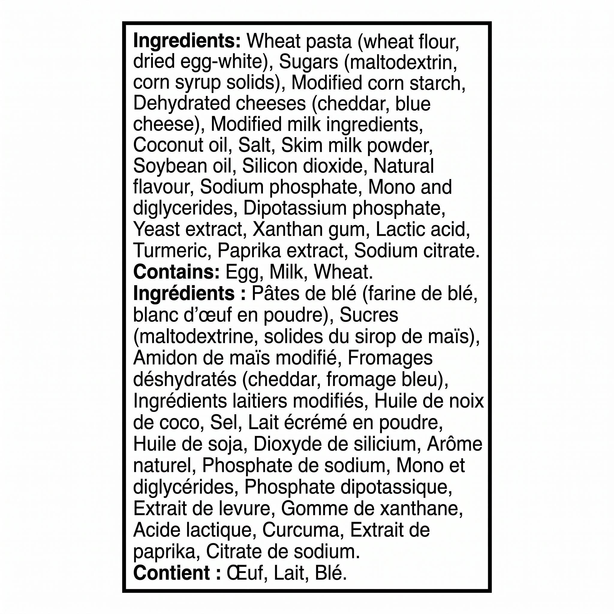 Knorr Macaroni and Cheese Mix bilingual ingredient label listing egg, milk, and wheat allergens.