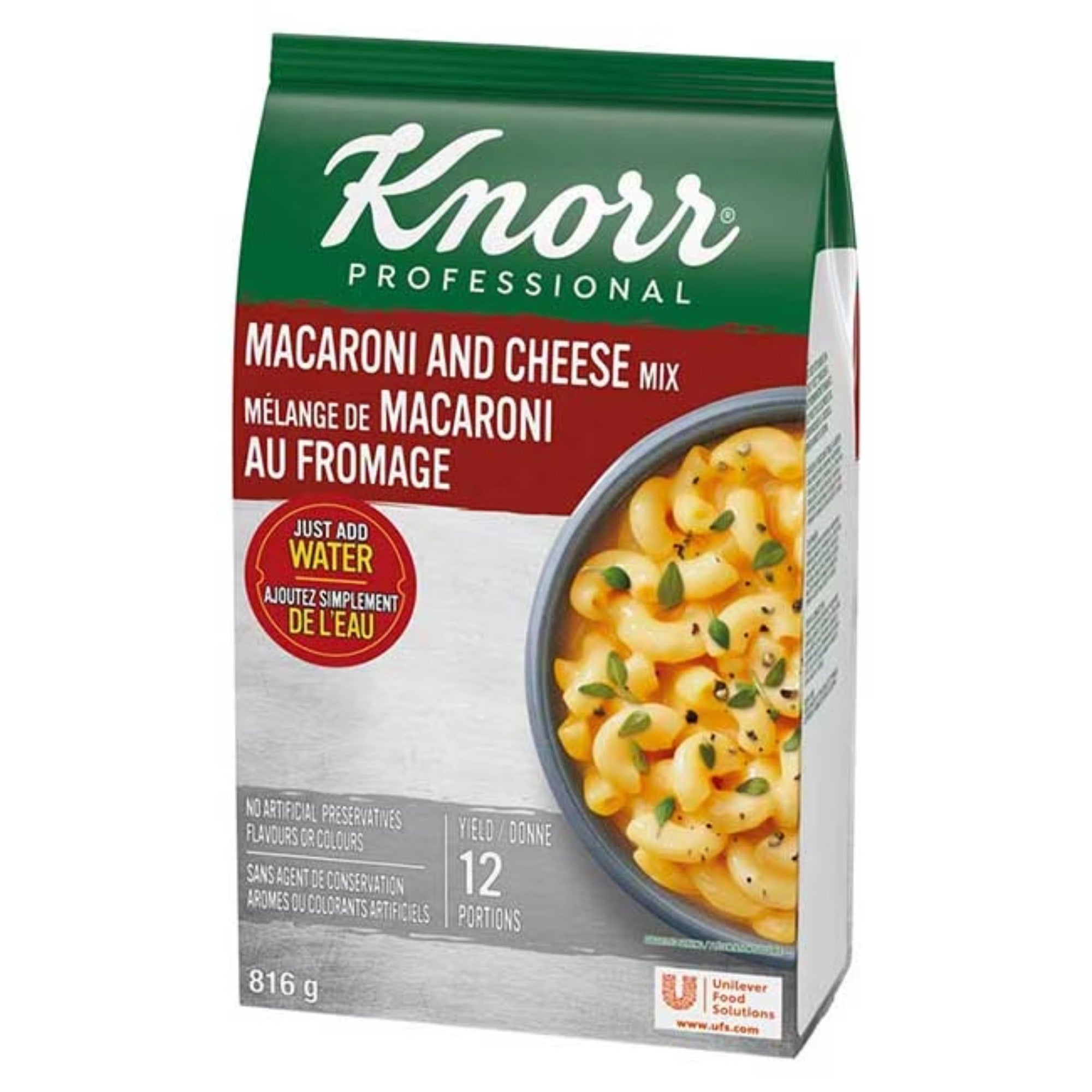 Knorr Professional Macaroni and Cheese Mix 816 g bag angled to show the front and French directions panel.