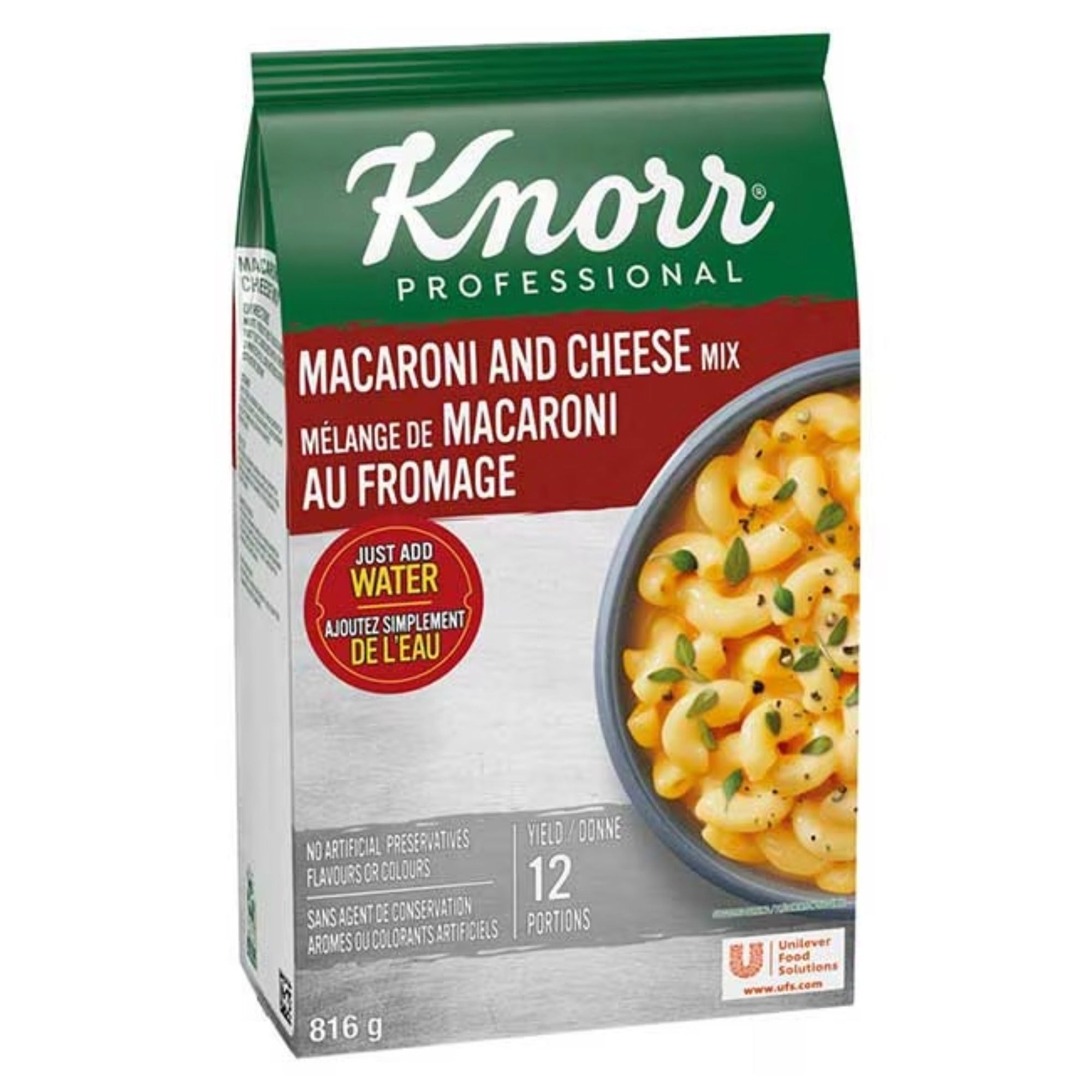 Knorr Professional Macaroni and Cheese Mix 816 g bag angled to show the front and English directions panel.