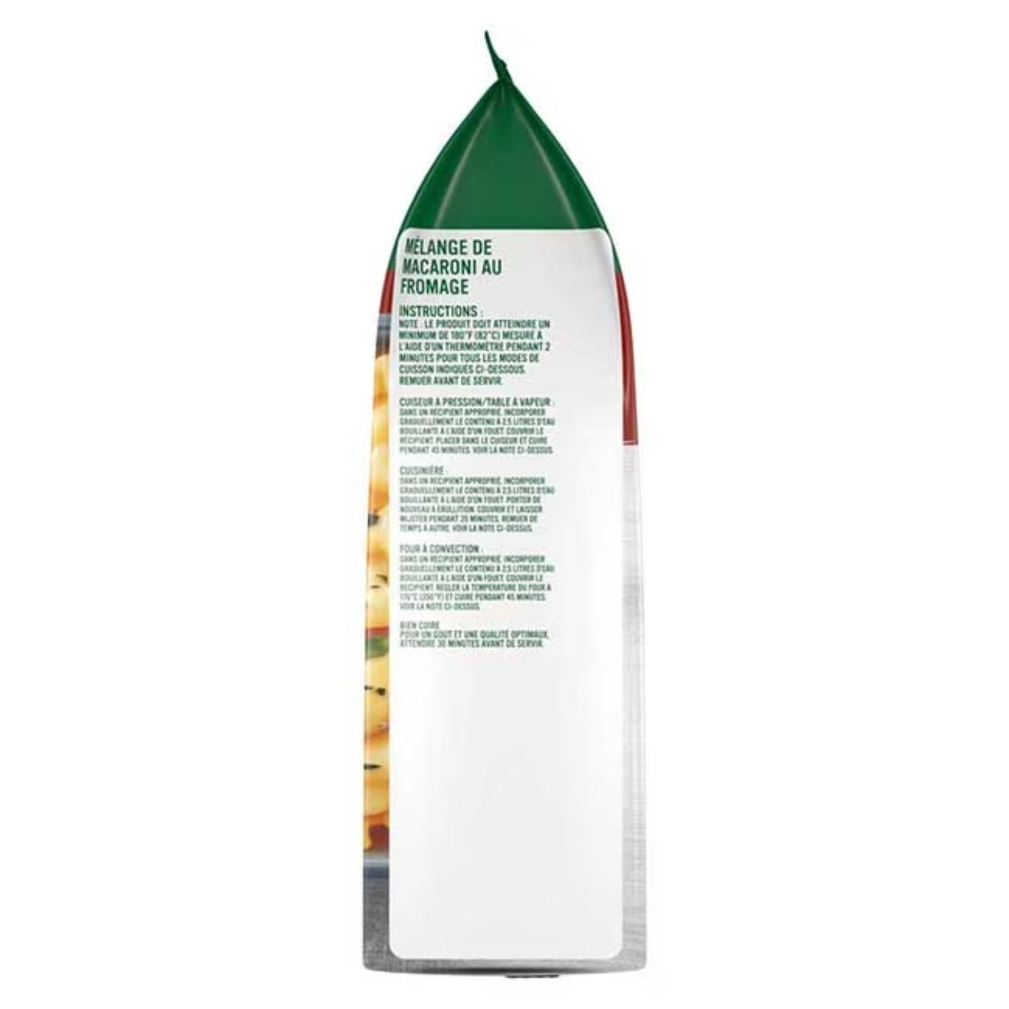 Side panel of Knorr Macaroni and Cheese Mix showing preparation instructions in French.