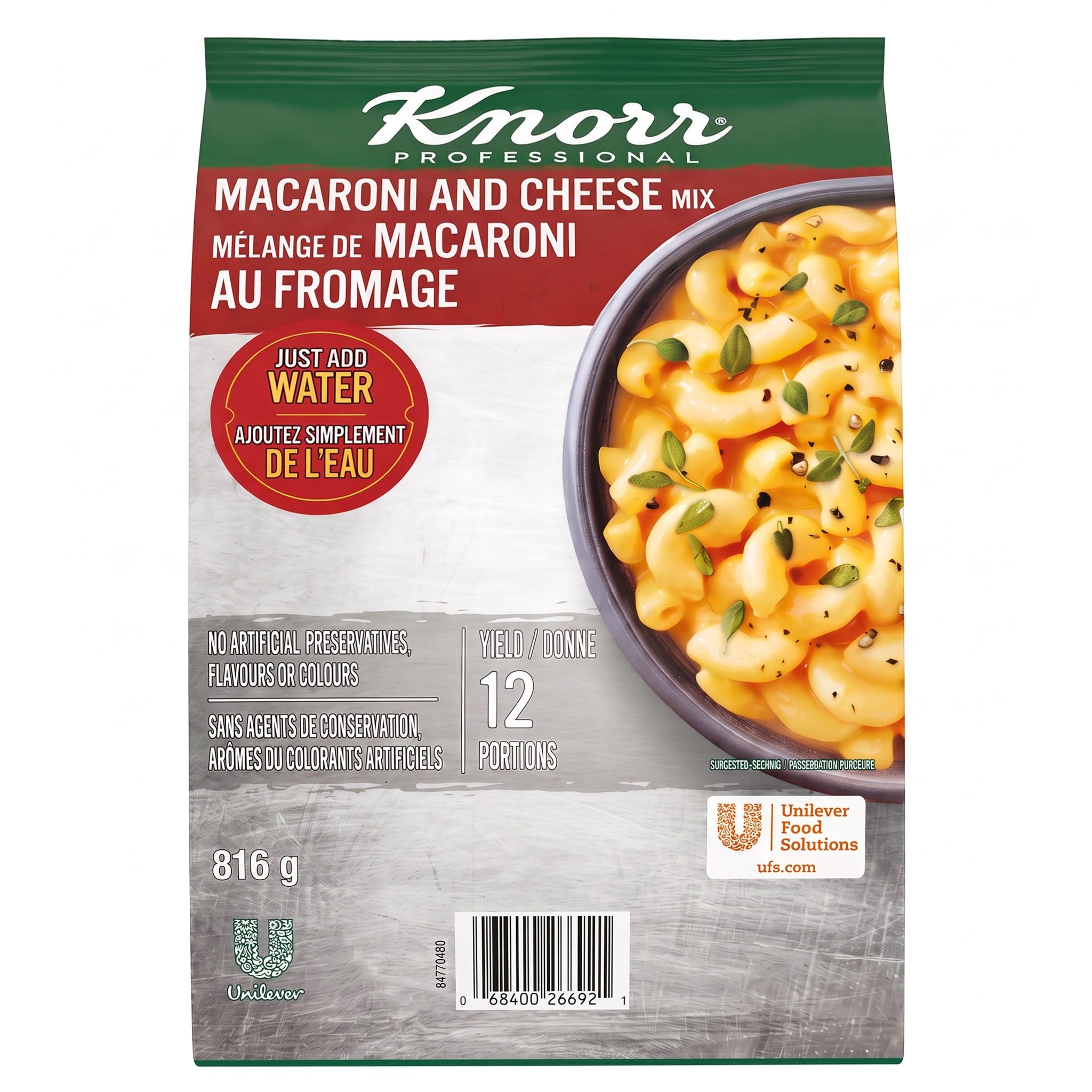 Knorr Professional Macaroni and Cheese Mix 816 g package showing UPC barcode 068400266921.