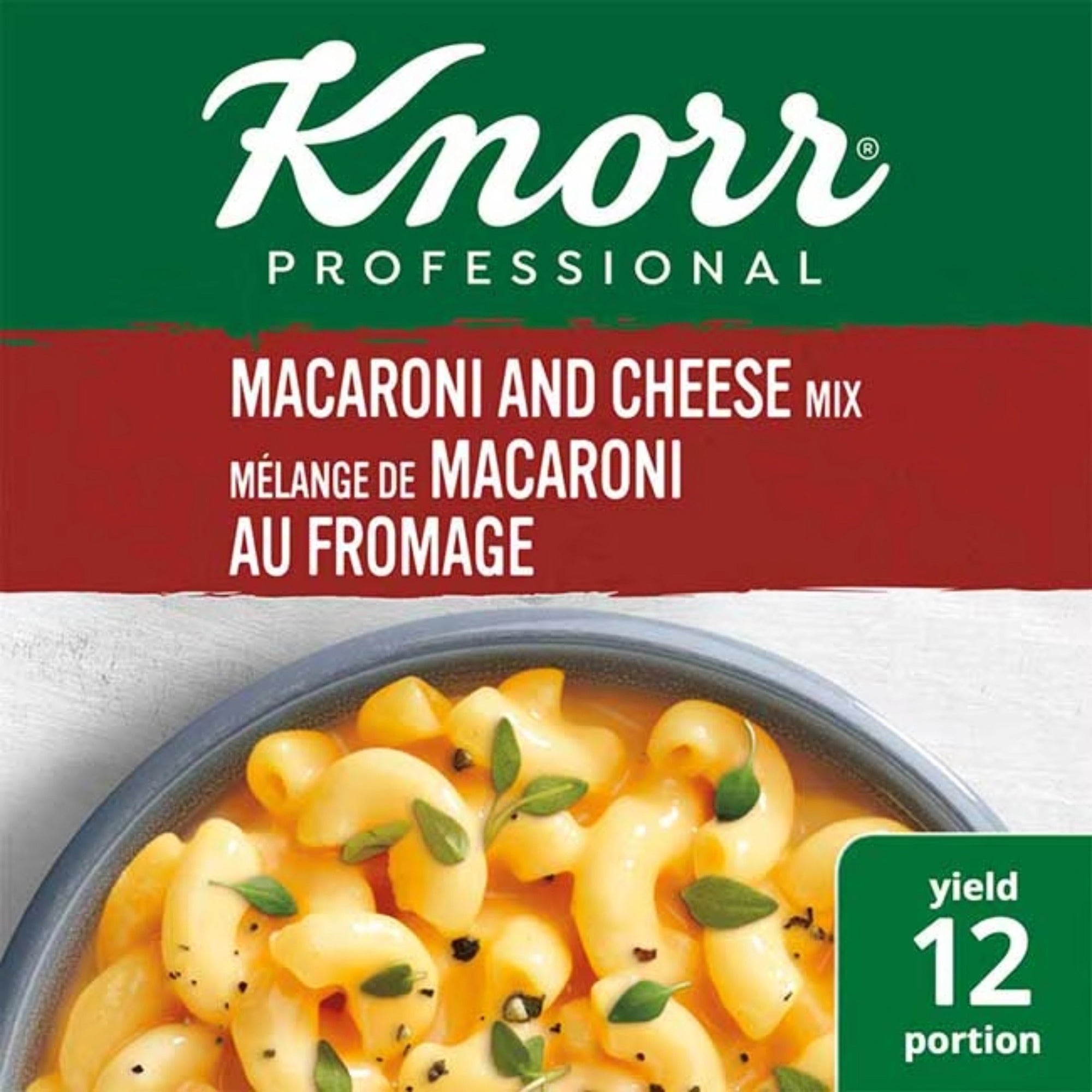Knorr Professional Macaroni and Cheese Mix packaging close-up showing a yield of 12 portions.