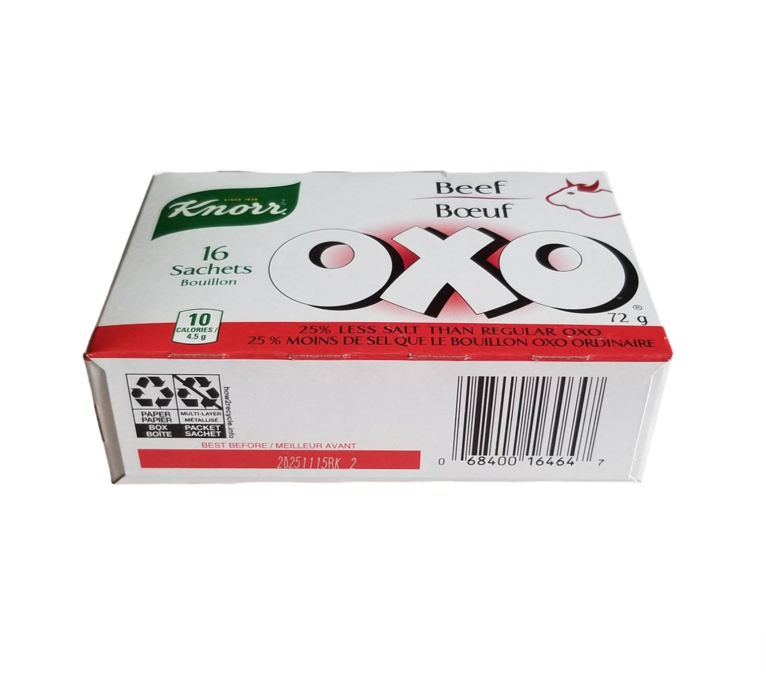 Knorr OXO Beef Bouillon Powder, 25% Less Salt, 16 sachets, 72g/2.5 oz. Box