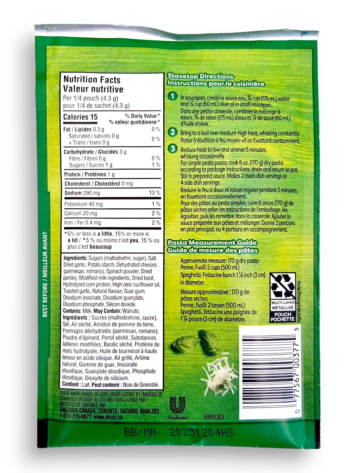 Knorr Pesto Sauce Mix, 17g, back of pouch.