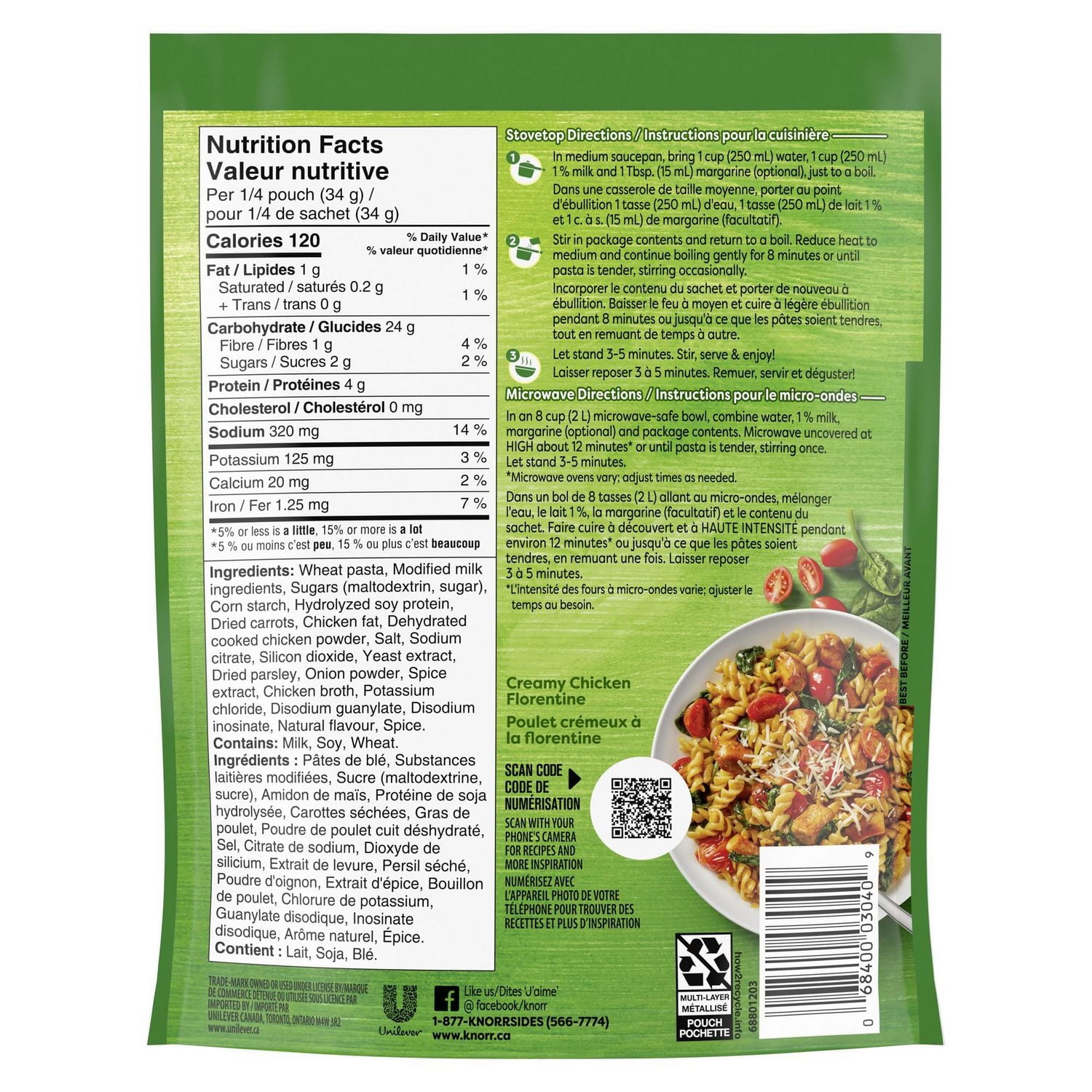 Knorr Sidekicks Creamy Chicken Pasta, 134g/4.7oz Bag Backside