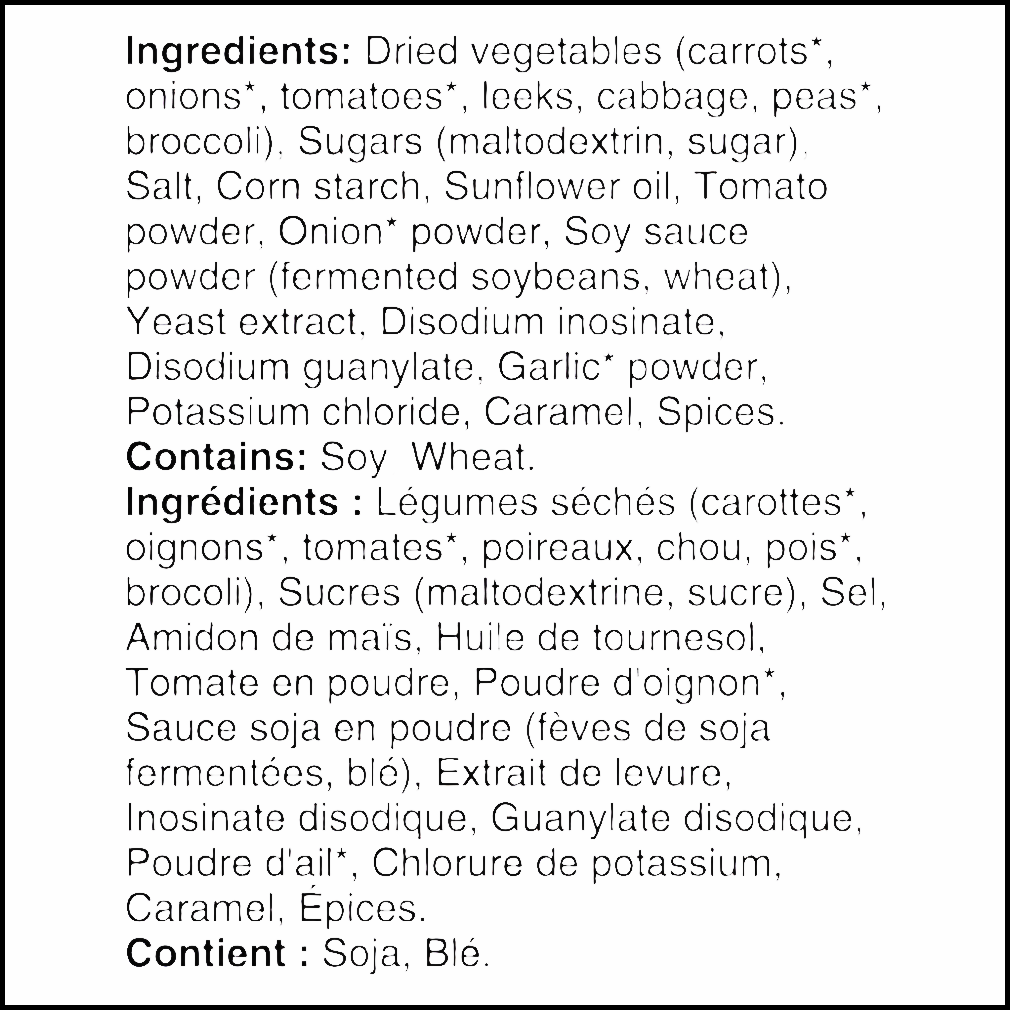 Ingredients label of Knorr Vegetable Soup Mix, 40g/1.4 oz., Pouch