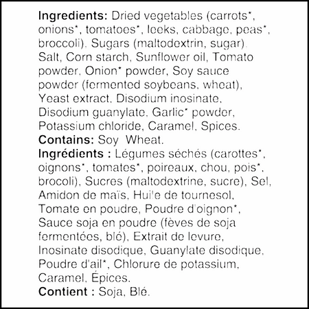 Ingredients label of Knorr Vegetable Soup Mix, 40g/1.4 oz., Pouch