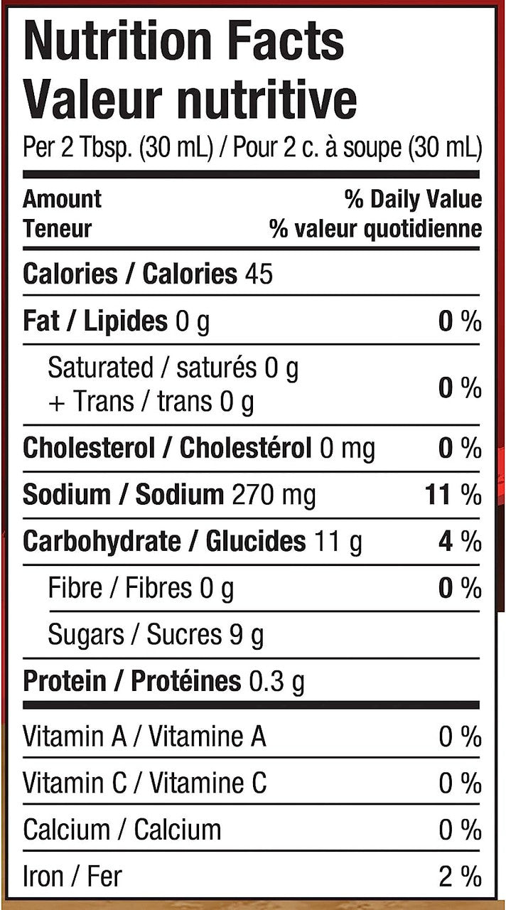 Kraft BBQ Sauce, Chicken & Rib Flavour, 455ml/15.4oz., Bottle Nutrition Facts Label