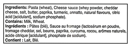 Ingredients list for KD Kraft Macaroni & Cheese Dinner Original - 12x200g, 2400g/84.65 oz with cheese sauce on a black background