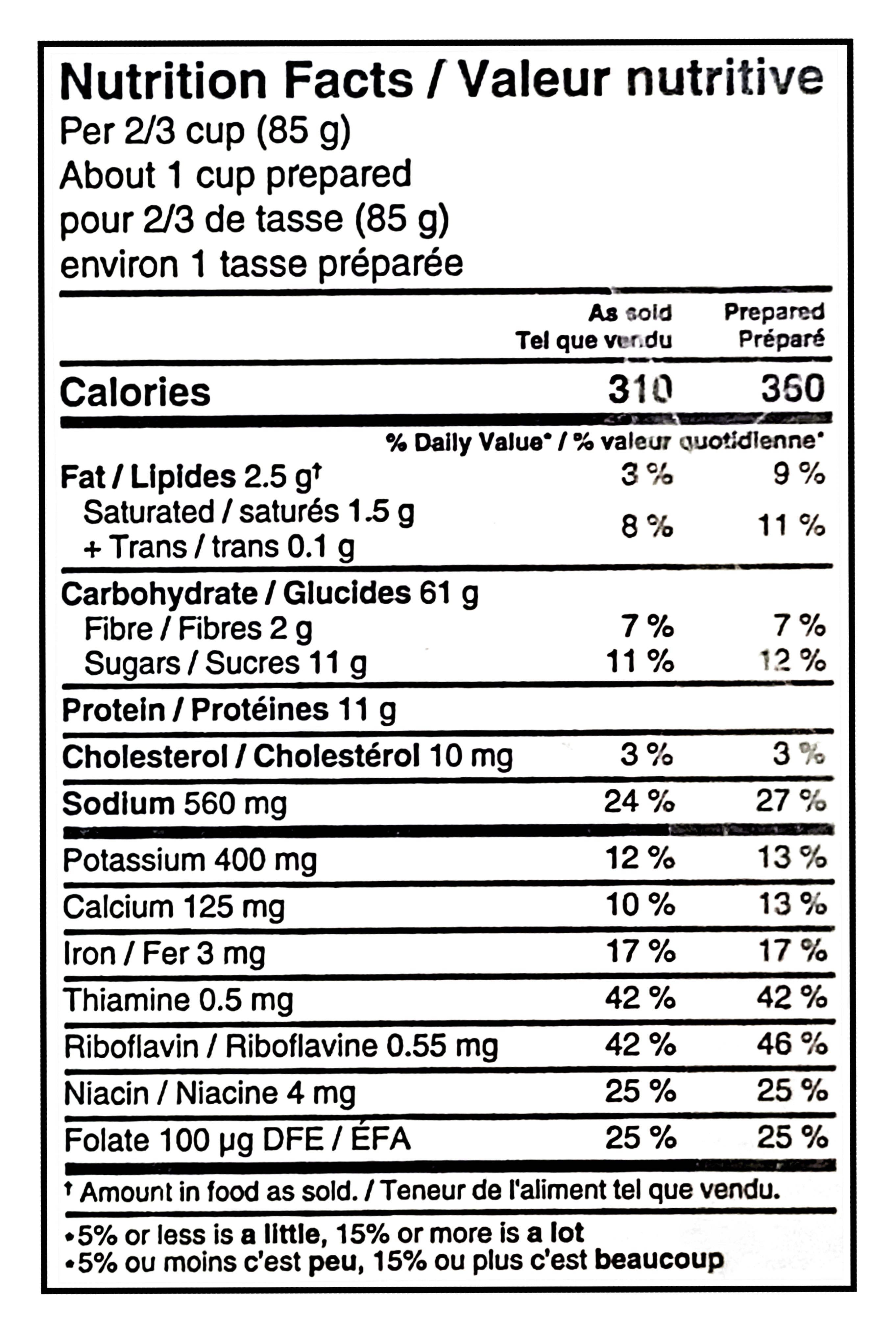 Nutrition facts label for KD Kraft Macaroni & Cheese Dinner Original - 12x200g, 2400g/84.65 oz