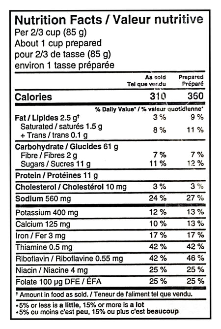 Nutrition facts label for KD Kraft Macaroni & Cheese Dinner Original - 12x200g, 2400g/84.65 oz