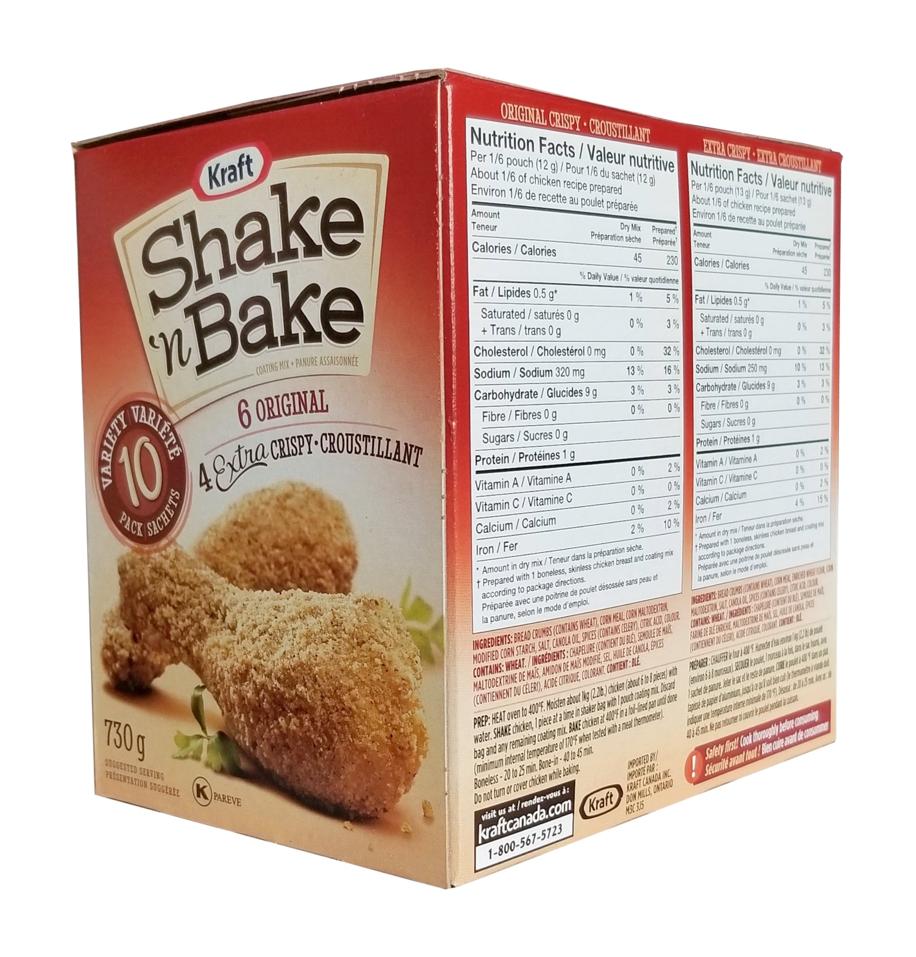 Kraft Shake 'n Bake Original & Extra Crispy Coating Mix, 10ct, 730g/1.6 lbs. Box Right Angle