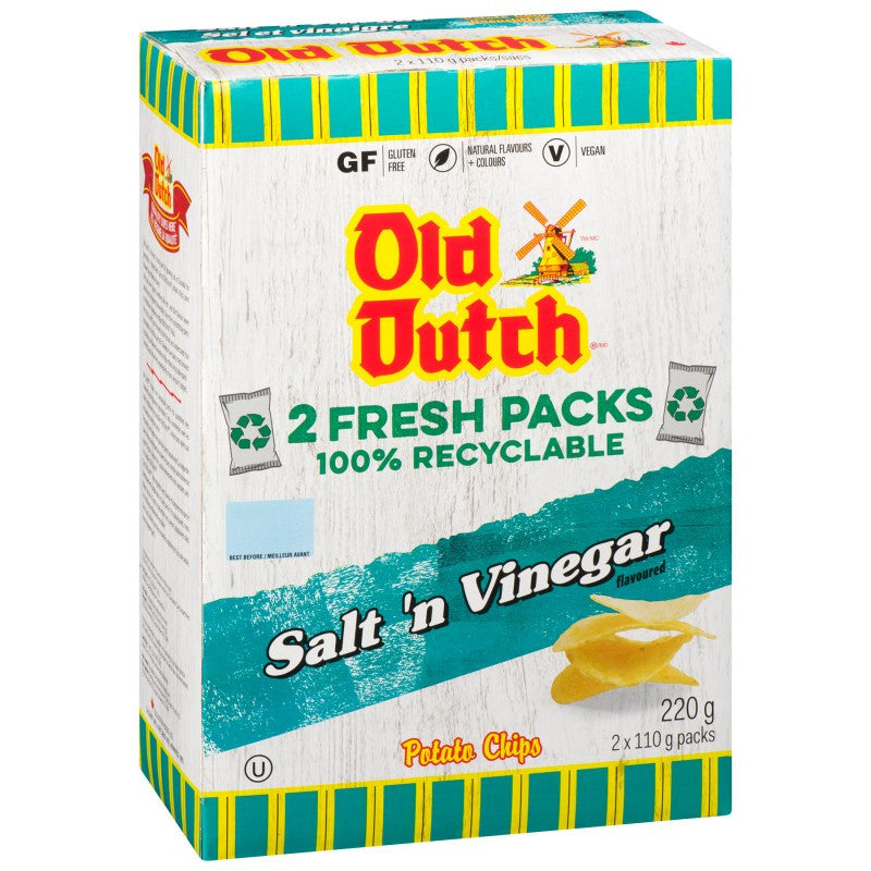 Old Dutch Salt & Vinegar Potato Chips 220g/7.8 oz., Box (12pk) {Imported from Canada}