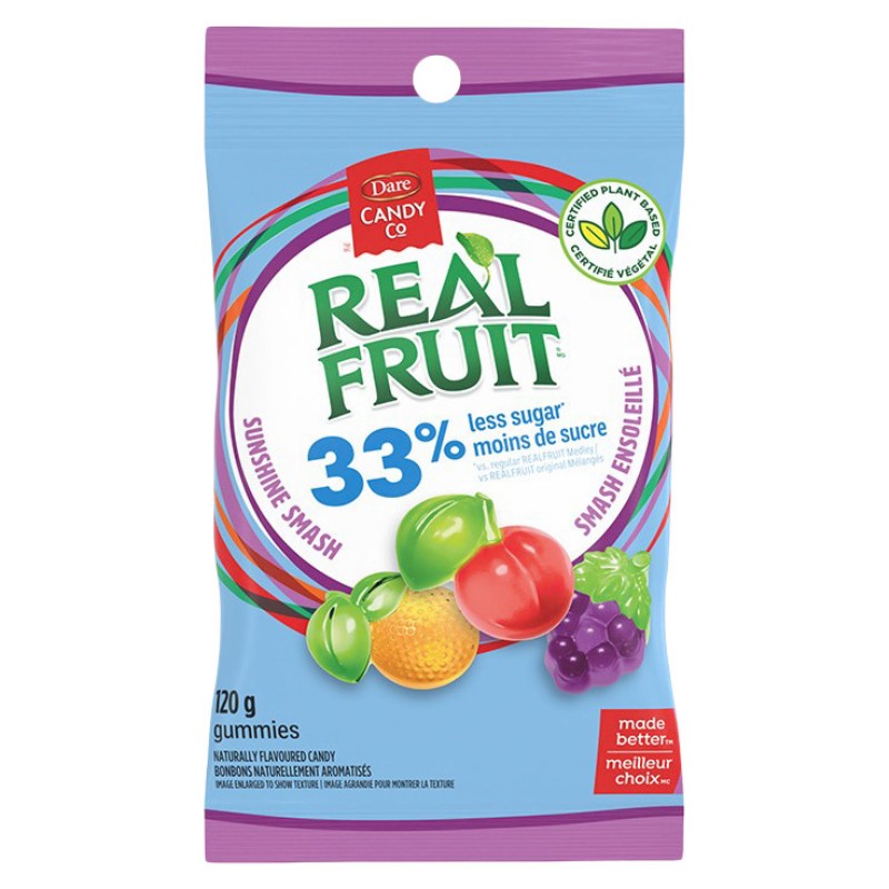 Dare Real Fruit Gummies, Sunshine Smash, 120g, front of bag.