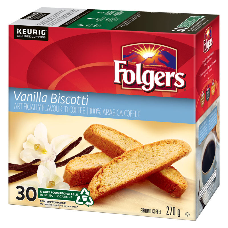 Folgers Vanilla Biscotti Coffee K-cups, 30 Count, 270g/9.5 oz. Box {Imported from Canada}