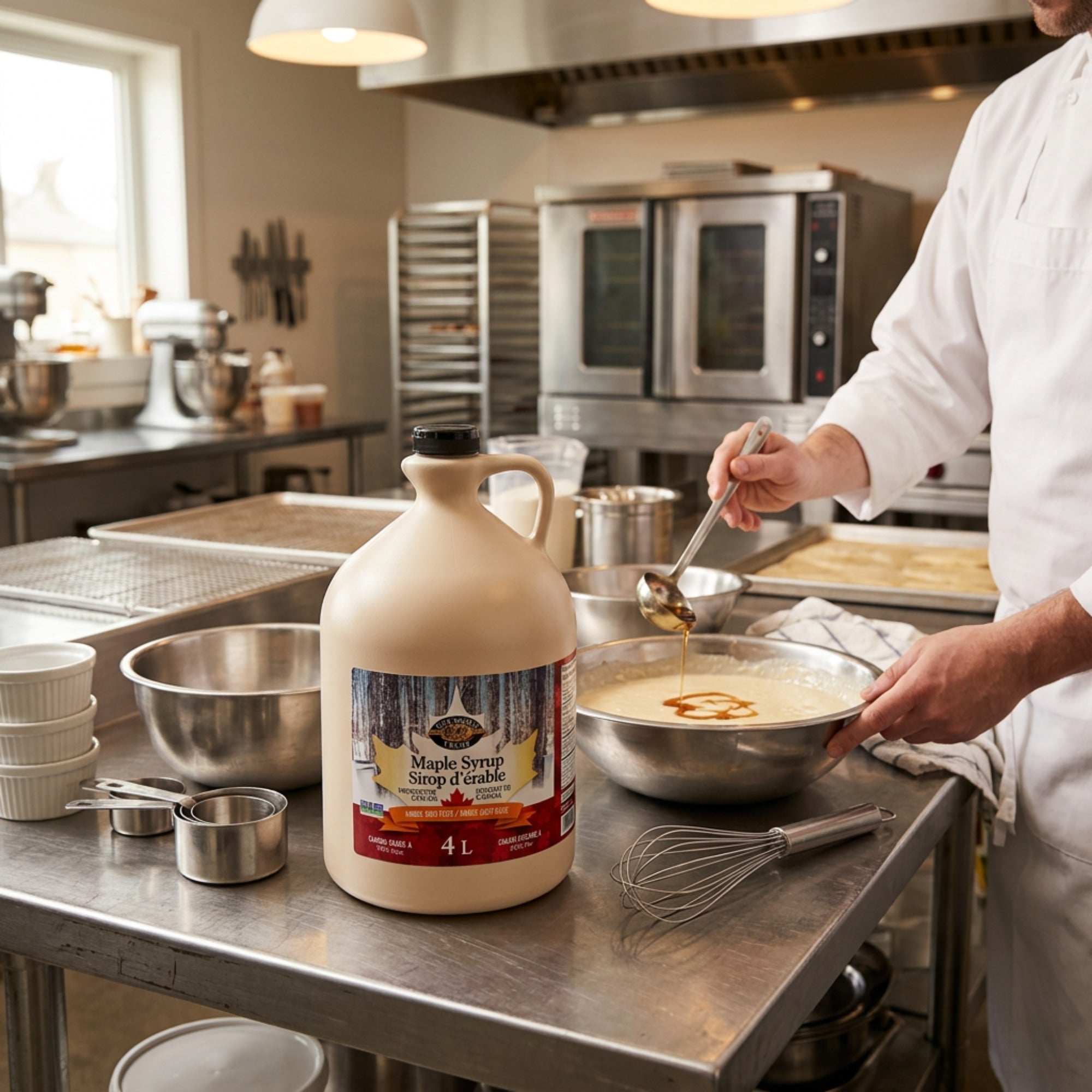 L.B. Maple Treat 4 L maple syrup jug beside a chef adding syrup to a mixing bowl.