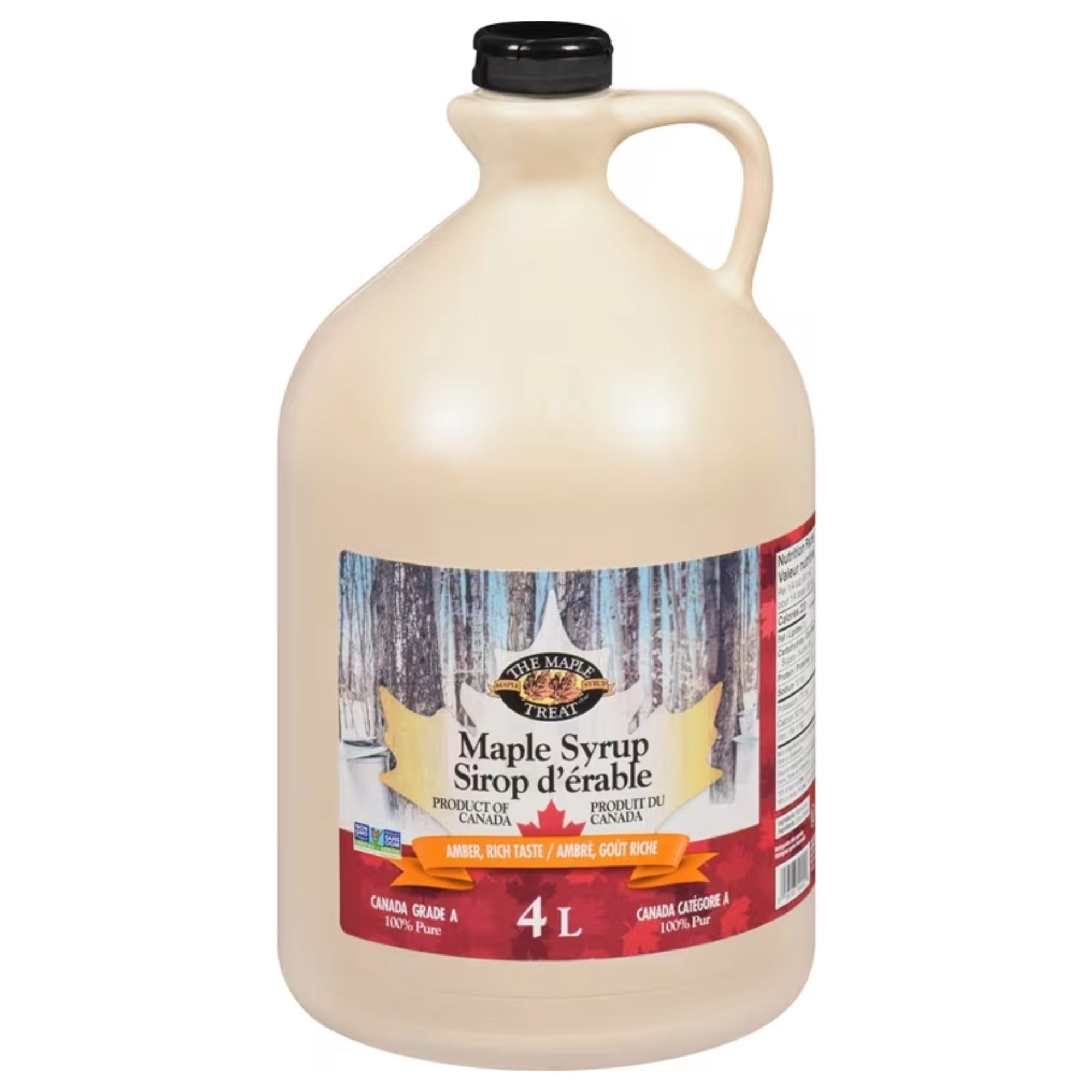 L.B. Maple Treat Grade A Amber maple syrup in a 4 L jug with a black cap and handle.