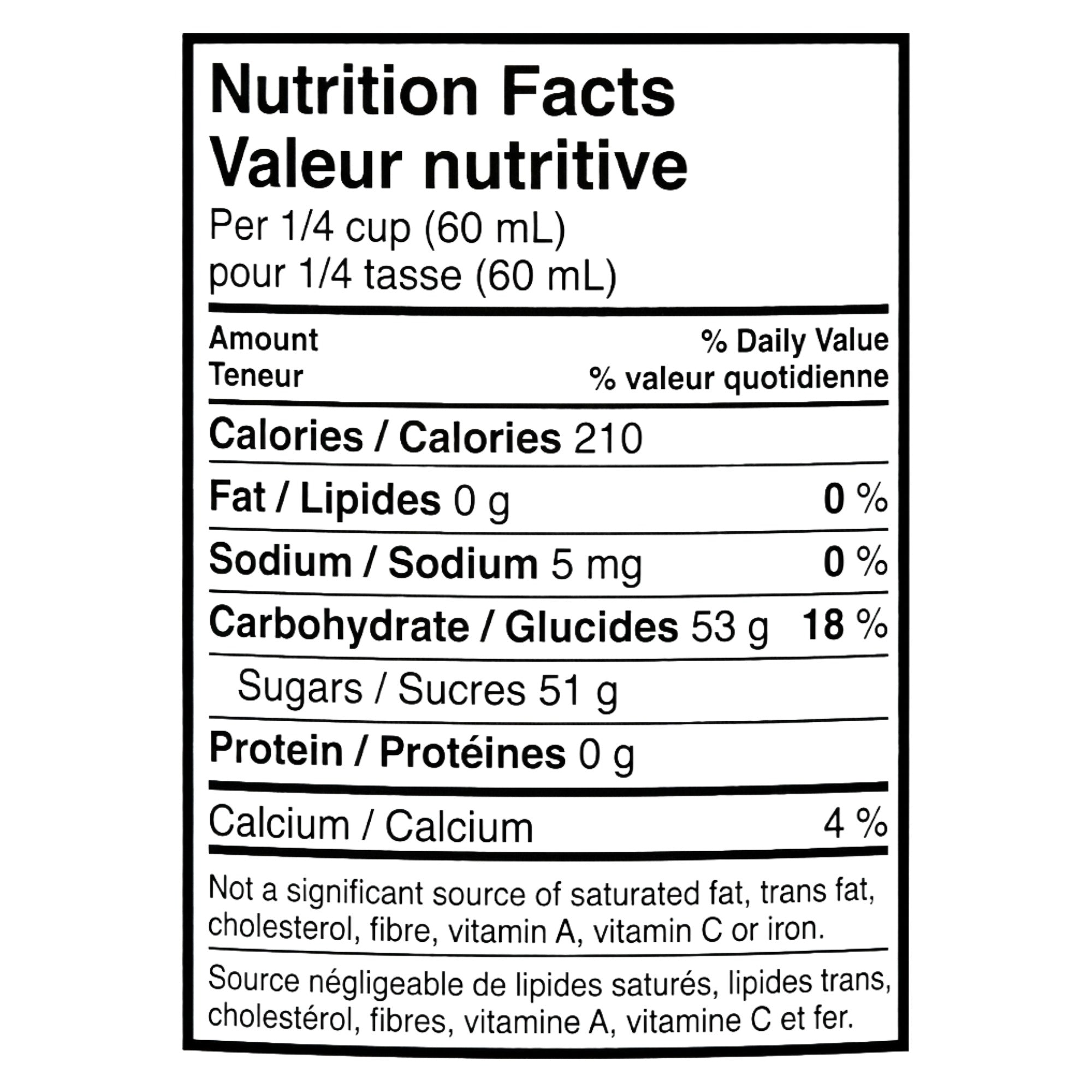 L.B. Maple Treat maple syrup bilingual nutrition label showing 210 calories per 1/4 cup (60 mL).
