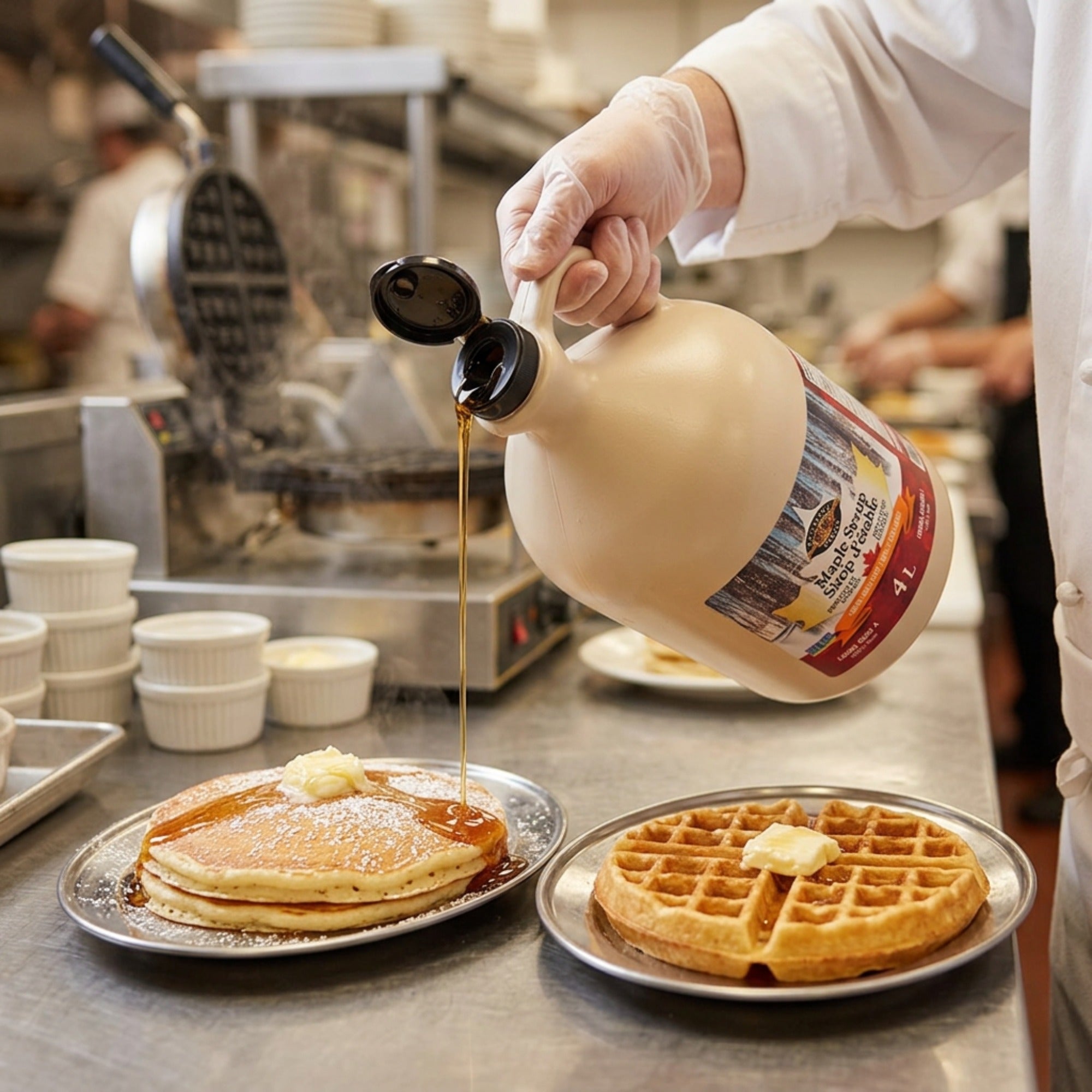 L.B. Maple Treat maple syrup poured from a 4 L jug onto pancakes beside a butter-topped waffle.