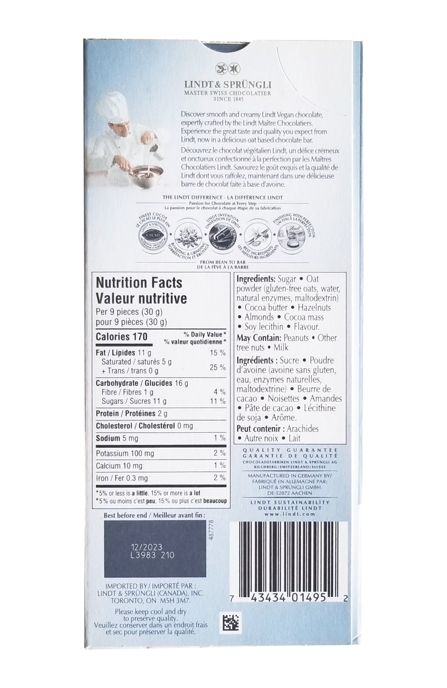 Lindt Vegan Hazelnut Chocolate Bar, 100g/3.5 oz.