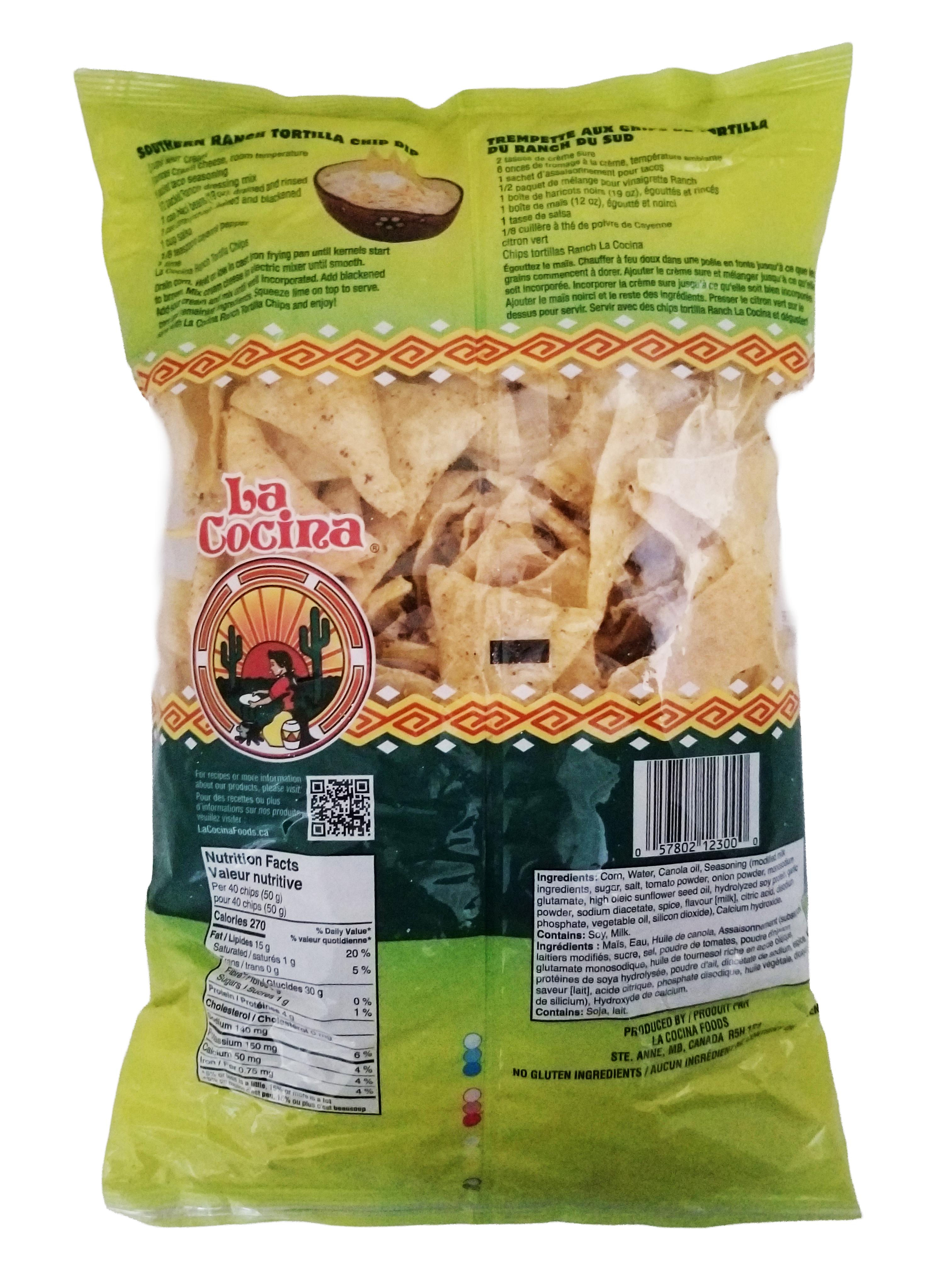 La Cocina Ranch Flavored Tortilla Chips - 300g/10.6 oz with branding and product details.