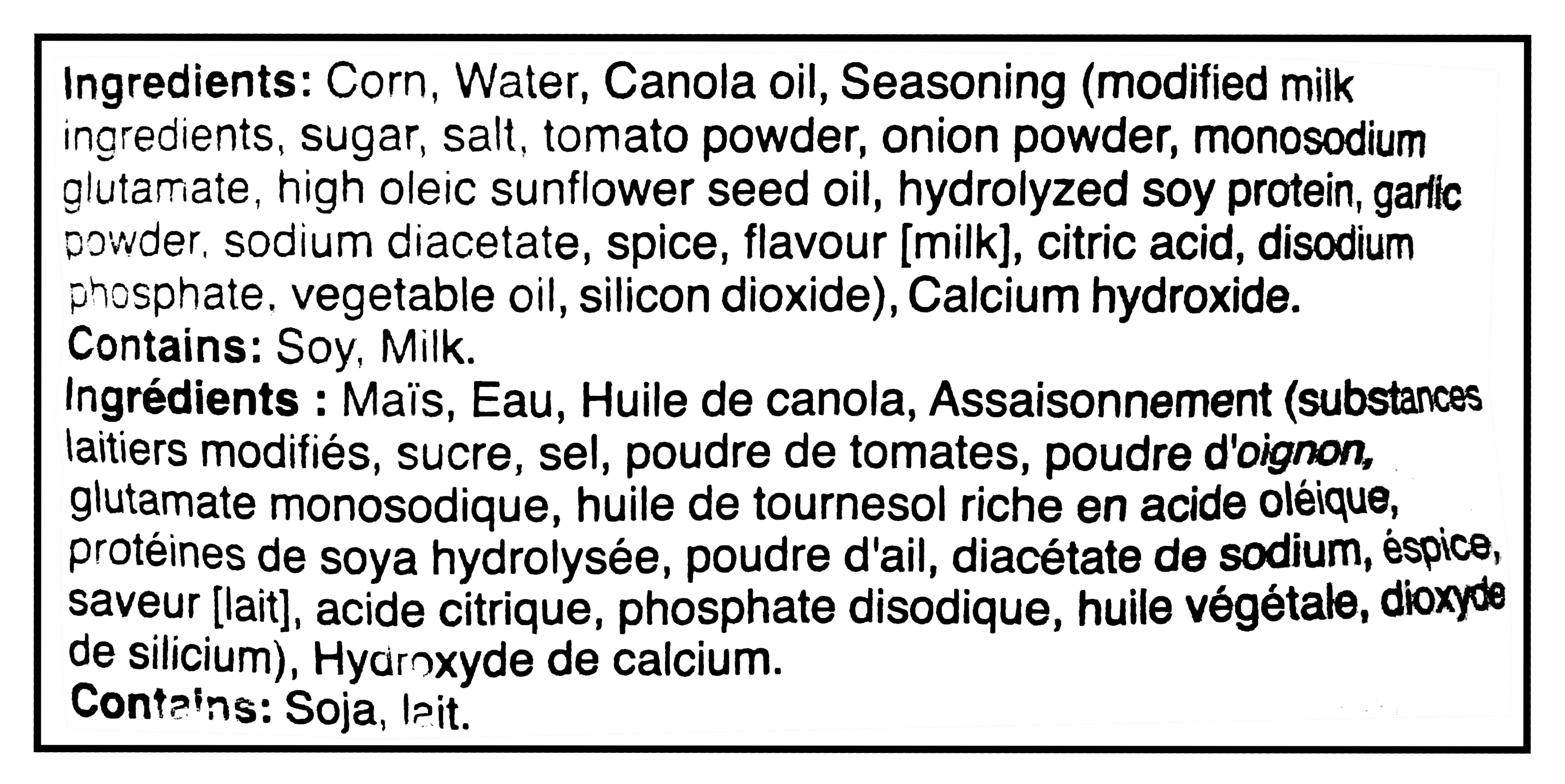 Ingredients list for La Cocina Ranch Flavored Tortilla Chips - 300g/10.6 oz with text on a white background
