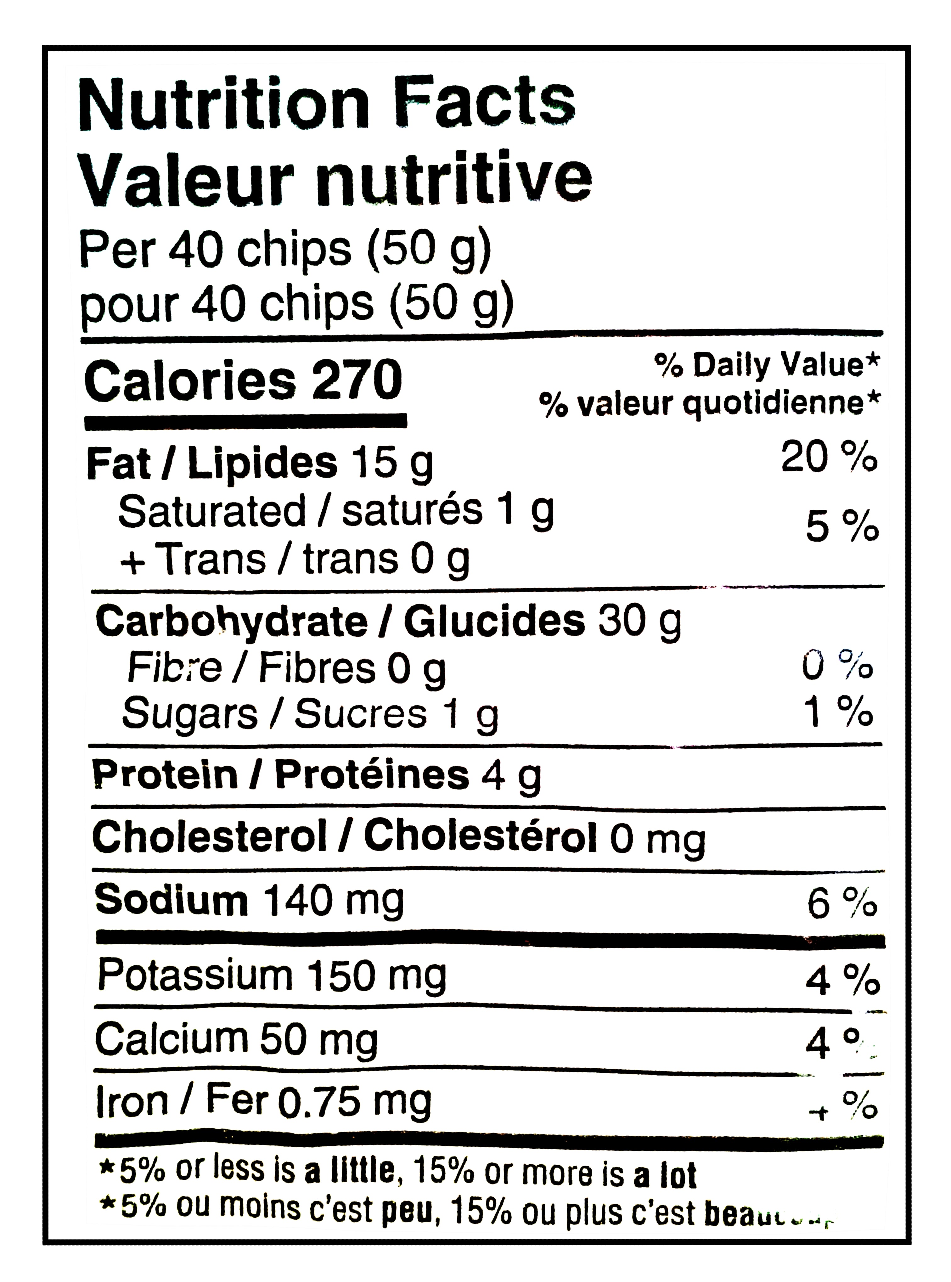 Nutrition facts label for La Cocina Ranch Flavored Tortilla Chips - 300g/10.6 oz with detailed calorie and ingredient information.