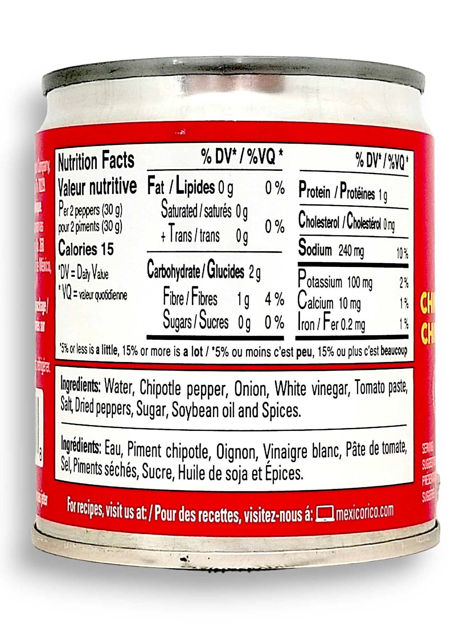 La Costena Chipotle Peppers In Adobo Sauce 186ml/6.3 oz., Can, back of can.