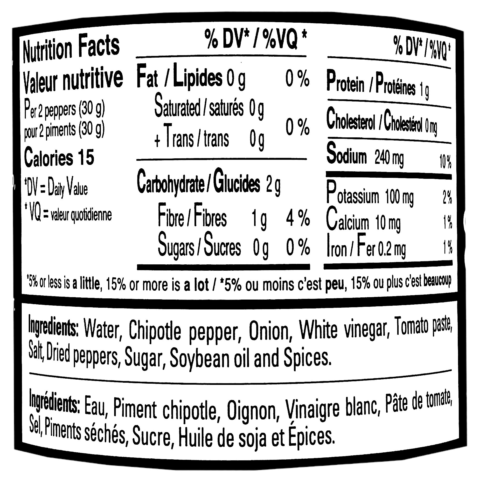 La Costena Chipotle Peppers In Adobo Sauce 186ml/6.3 oz., Can, nutrition facts and ingredients label.