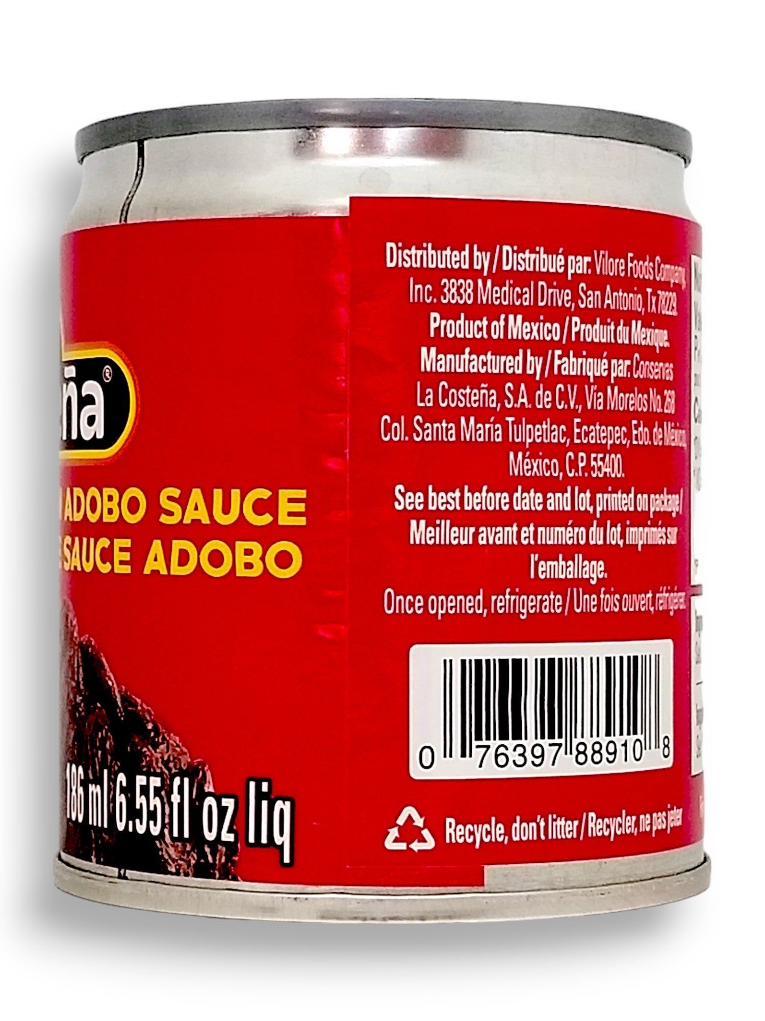 La Costena Chipotle Peppers In Adobo Sauce 186ml/6.3 oz., Can, side of can.